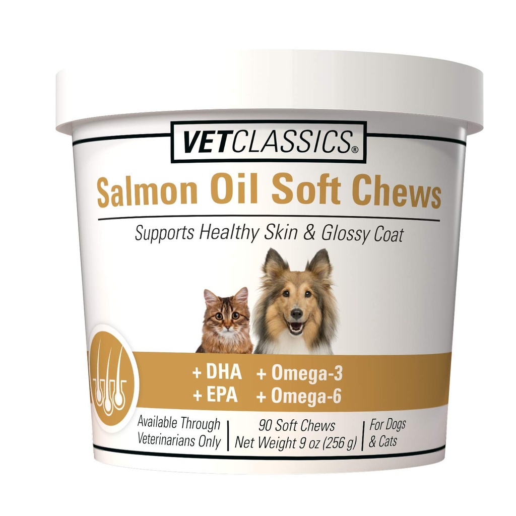 Vet Classics Salmon Oil Pet Supplement for Health Skin, Glossy Coats – Dog Coat Supplement, Cat Skin Supplement – Omega-3, 6, 9, DHA Kaynağı, EPA – Soft Chews 90 Ct.