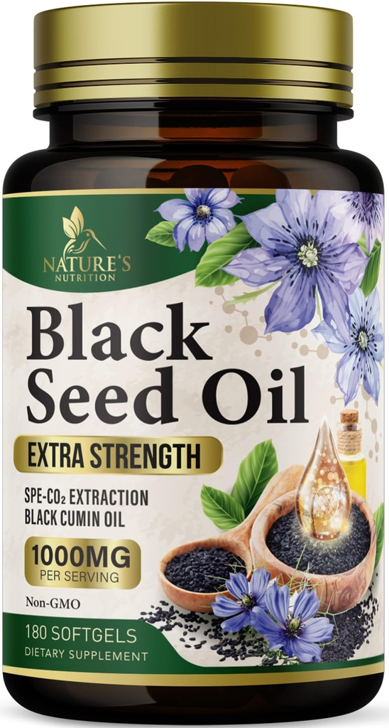 Black Seed Oil Softgels 1000 mg - Premium Nigella Sativa Blackseed, Pure Natural Black Cumin Tohum Petrol ve Deri ve Immune Desteği - ABD Tamamında Şişelenmiş - 180 Softgels