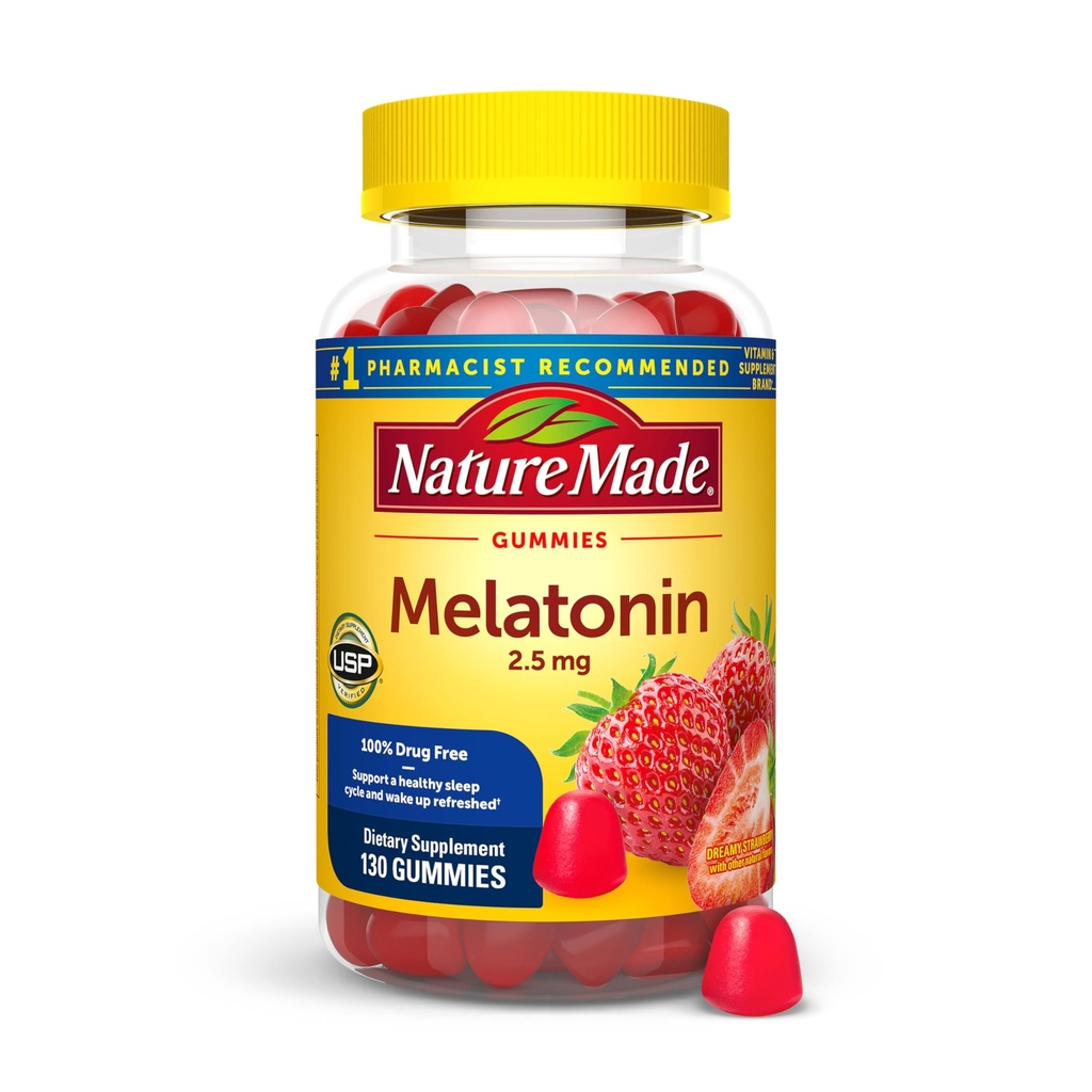 Nature Made Melatonin Gummies 2.5 mg,% 100 Drug Free Sleep Aid for Yetişkinler, Melatonin Supplement 130 Kont, 130 Gün Supply