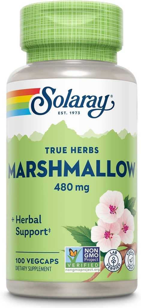 SOLARAY Marshmallow Root Capsules 480 mg - Soothing Herbal Support w / Whole Marshmallow Root - High in Mucilage ► Fiber, Vegan, Non-GMO, Lab TY, 60-Day Garanti, 100 Hizmet, 100 VegCaps