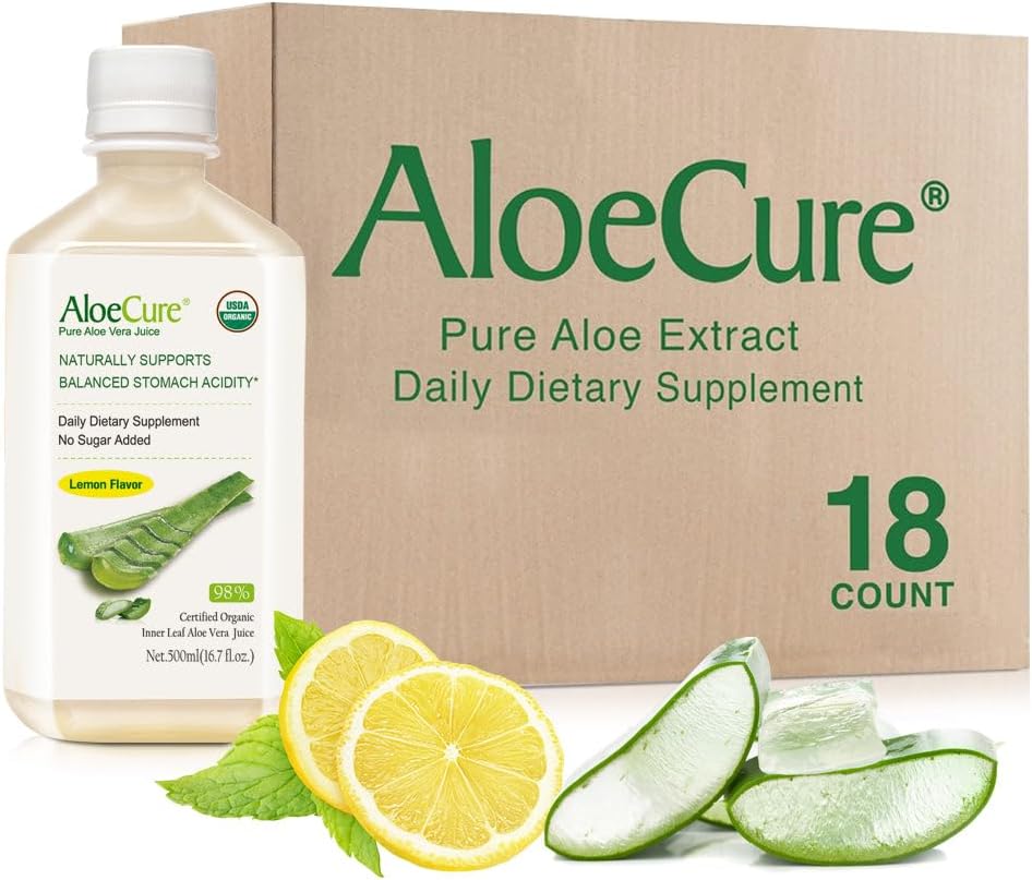 AloeCure USDA Organik Aloe Vera Juice Limon Flavor - 12 Hours of Harvest - Natural Digestive Supplement for Balanced Stomach Acidity - Support Digestive and Immune Health, 18 Btls x 16.7oz
