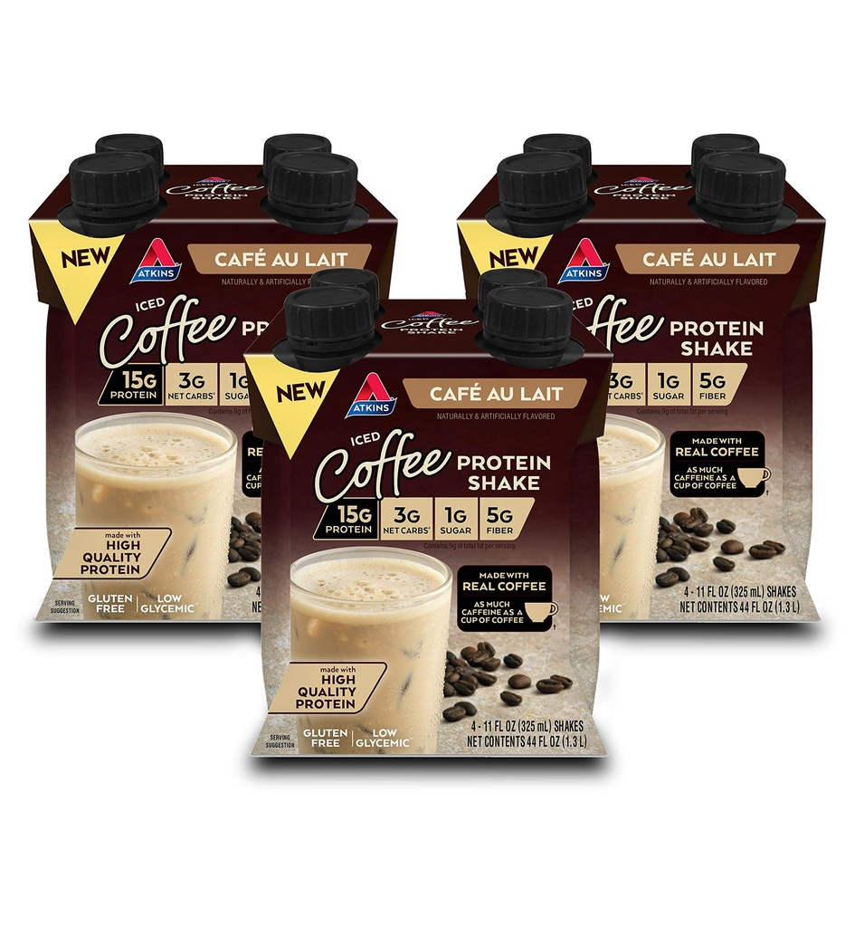 Atkins Café au Lait Iced Coffee Flavored Protein Shake, High Protein Shake, Low Sugar, Low Carb ve Low Sugar, Keto Friendly, Gluten Free, 12 Count Count Count Count