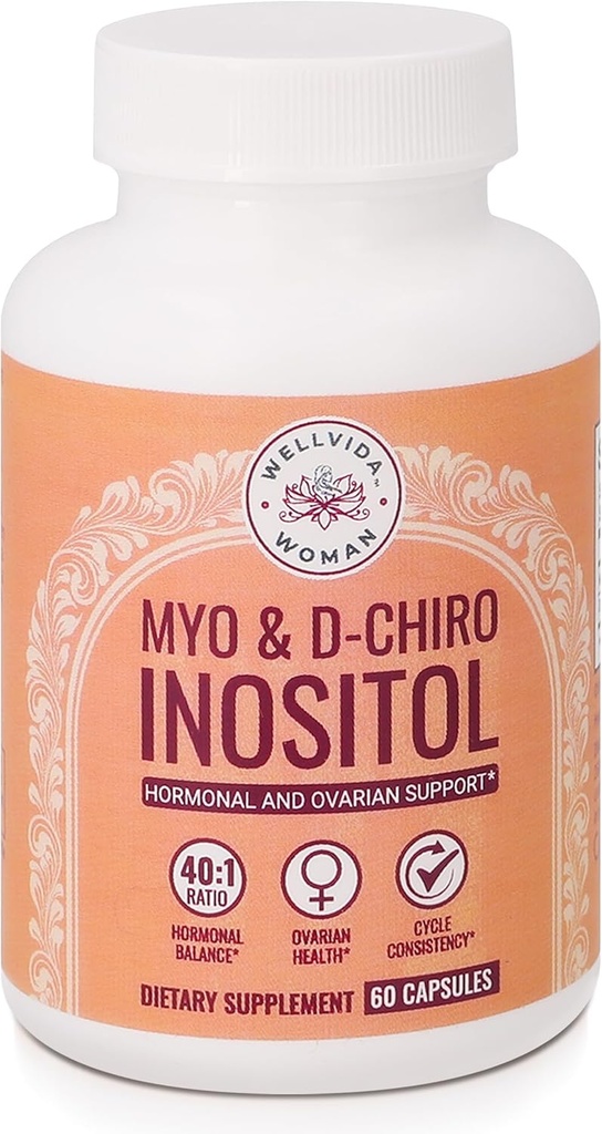 Myo-Inositol & D-Chiro Inositol Supplement Şişe (60 Capsules) 40:1 Ovarian Desteği Myo-Inositol 1000 mg & D-Chiro 25 mg Inositol Capsules w/ Caronol - Kadınlar için Günlük Inositol