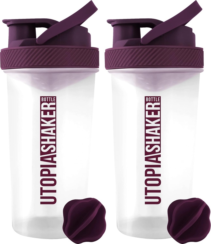 Utopia Home Protein Shaker Bottle - (Pack of 2) 28-Ounce Shaker bottles For Protein Mixes - Fitness Sports Classic Protein Mixer Shaker Bottle (Clear/Plum)