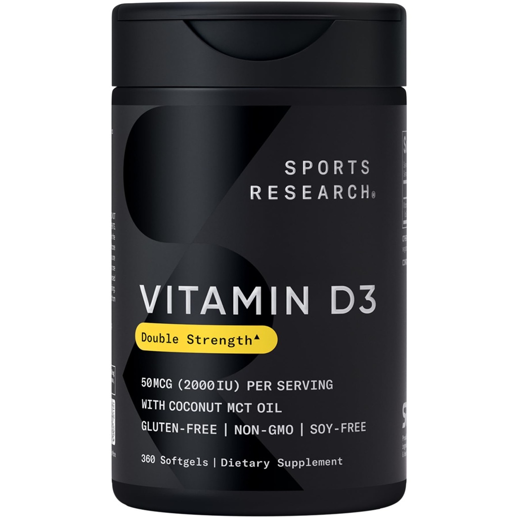 Spor Araştırmaları D3 2000 IU with Coconut MCT Oil - Çift Güç Vitamini D Supplement - Non-GMO Doğrulanmış, Gluten & Soy Free - 50mcg, 360 Sıvı Yumuşakgels