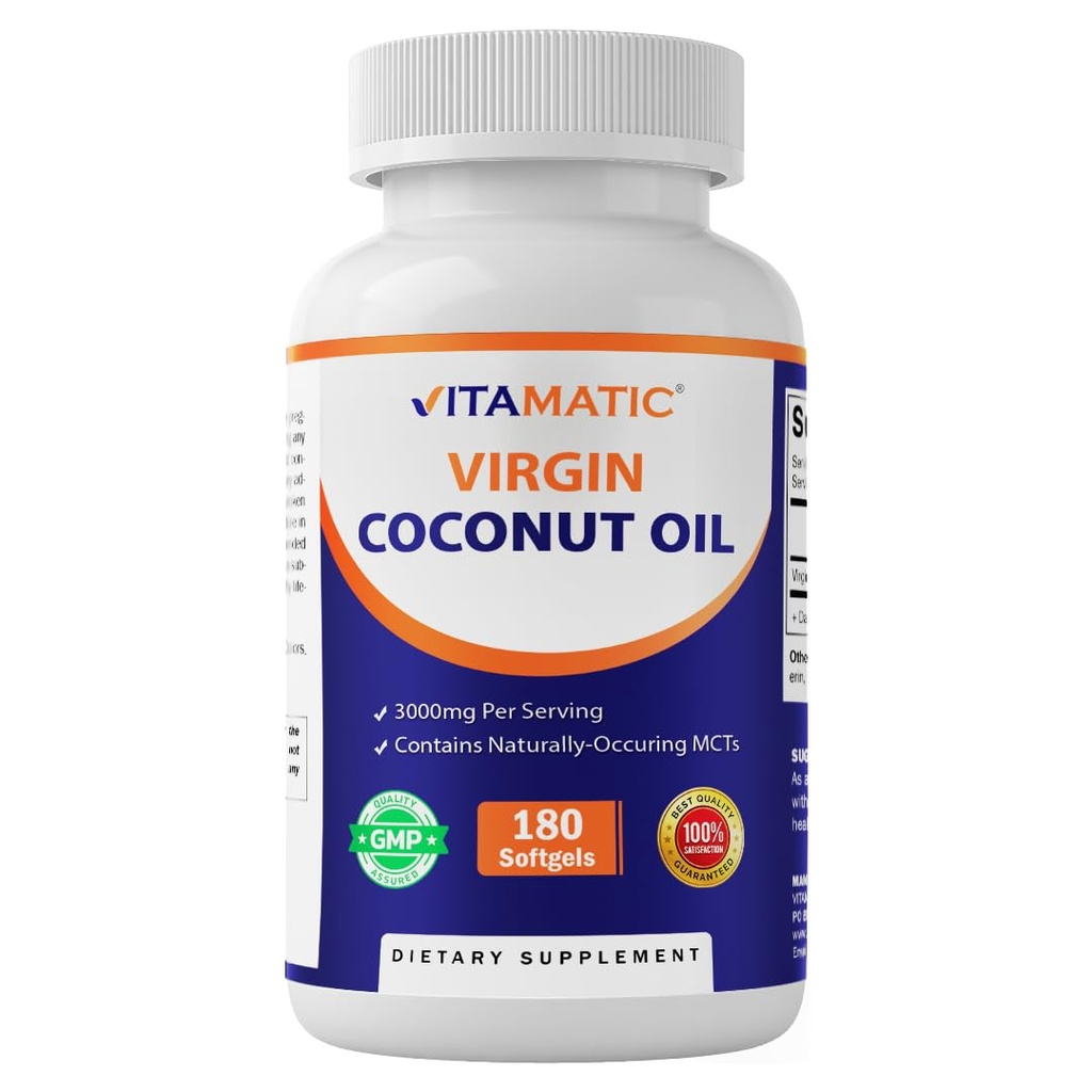 Vitamatic Virgin Coconut Oil Softgels, 3000 mg Per Servisi, 60 Hizmet, 180 Kont, Non-GMO, Gluten Free