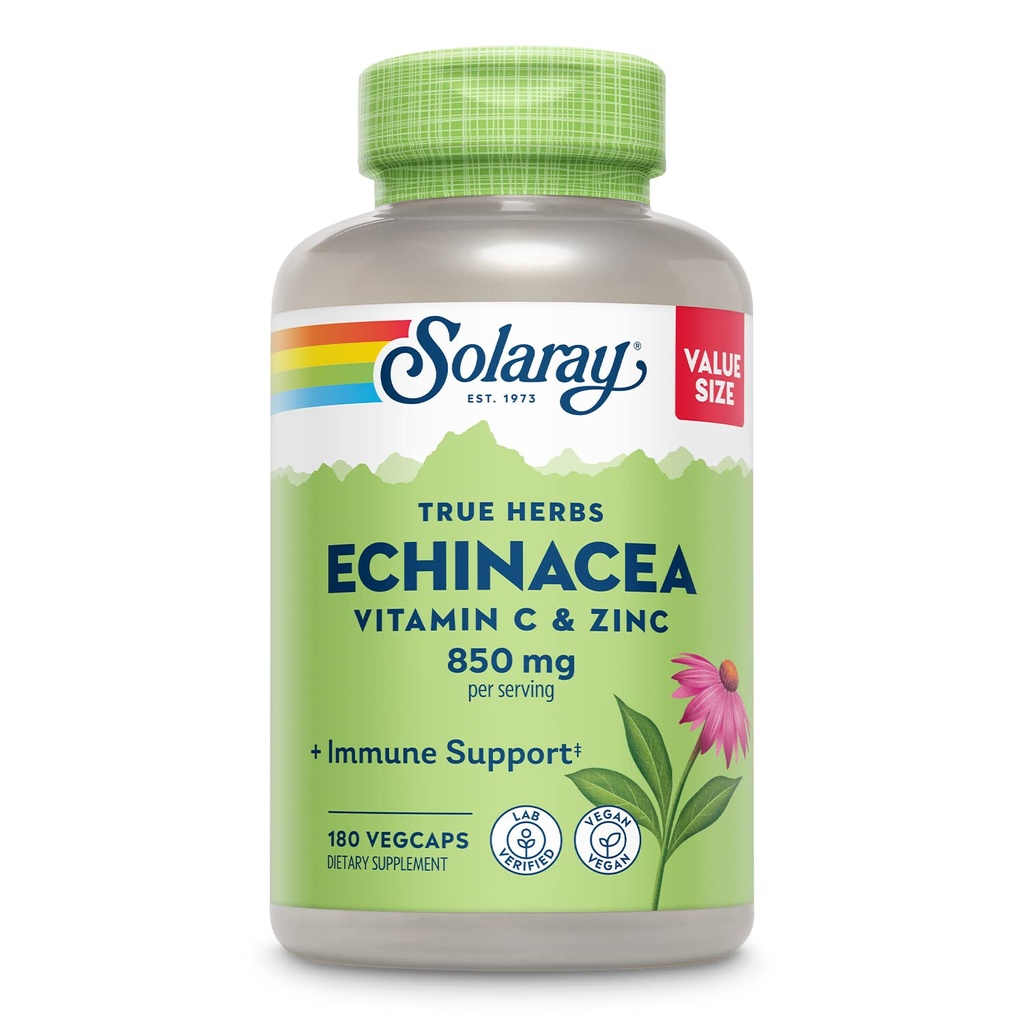 SOLARAY Echinacea Vitamin C & çinko 850 mg Plus Bioflavonoyaks, Echinacea Capsules for Health Immune Support, Vegan, Lab TY, 60-Day Money-Back Garanti, 90 Hizmet, 180 VegCaps