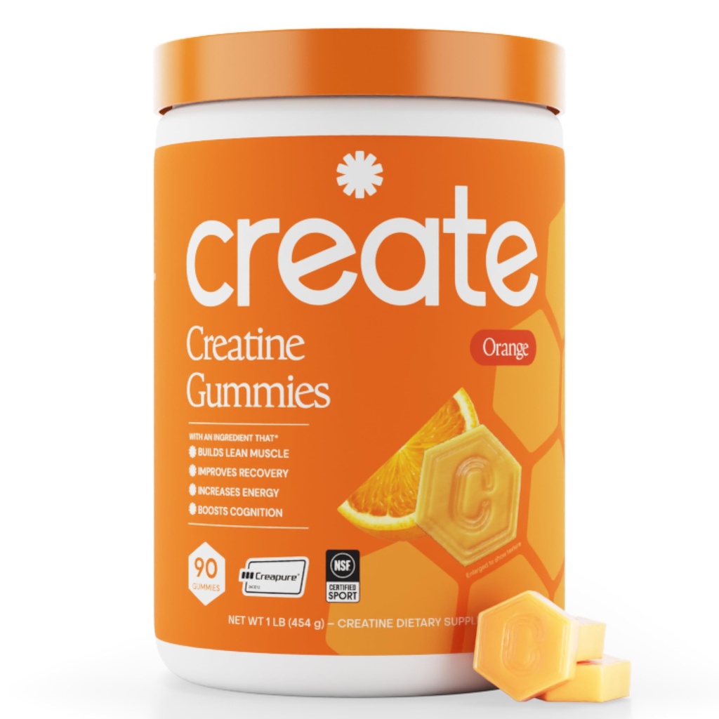 Erkekler ve Kadınlar için Kreatifler Yaratın, Güçlendiricisi ve Endurance, Anti-Melting Formula, Vegan, Gluten-Free, Non-GMO, Gluten-Free, Non-GMO, 1.5g of Tinatine per Gummy (Orange, 90 ct)