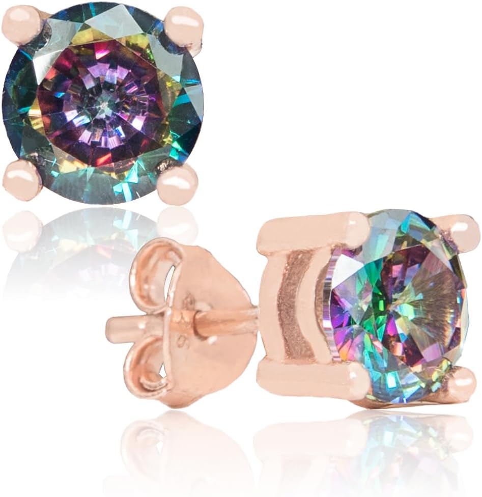 Handcrafted Rose Gold Plad Natural Mystic Topaz Sterling Silver Stud Earrings