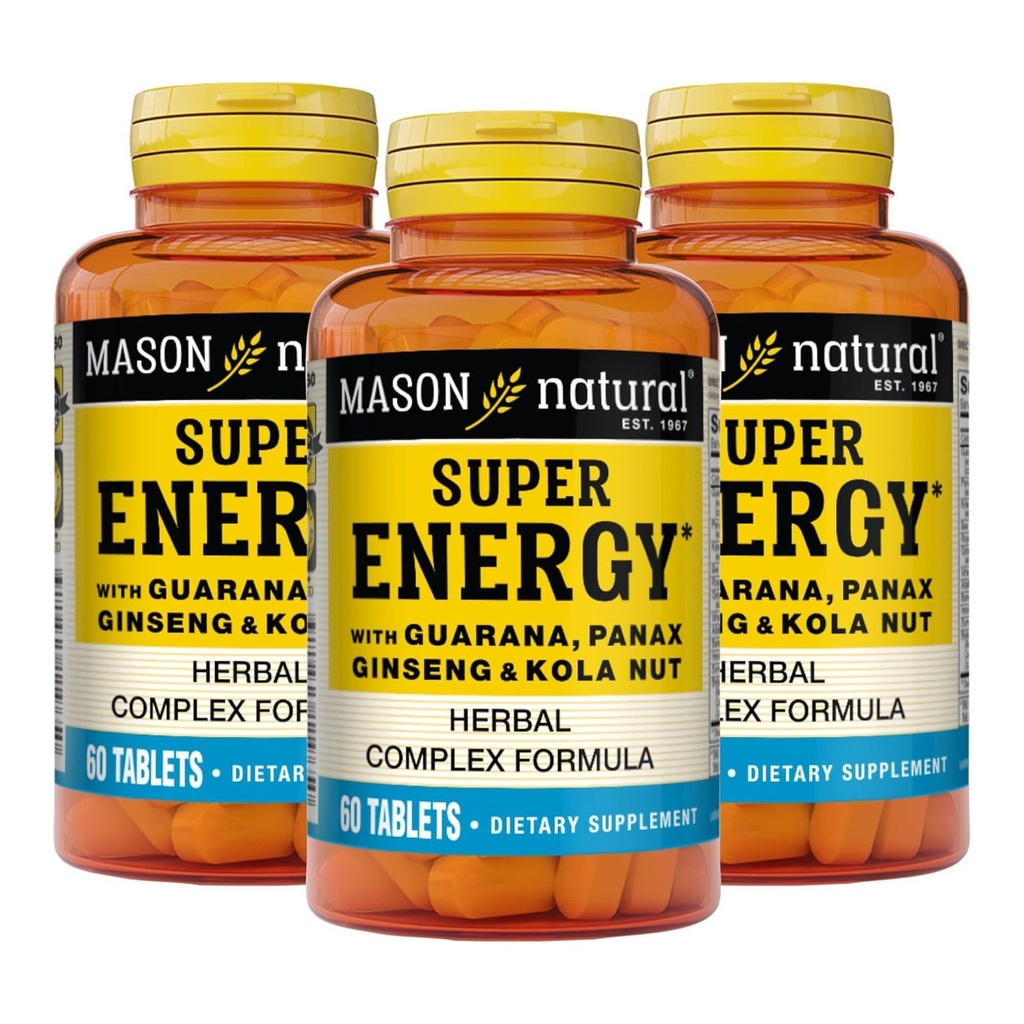 MASON NATURAL Super Energy, Made with Guarana, Panax Ginseng & Kola Nut for Optimal Performans & Enerji, 90 Day Supply, 60 Tabletler (Pazar 3)