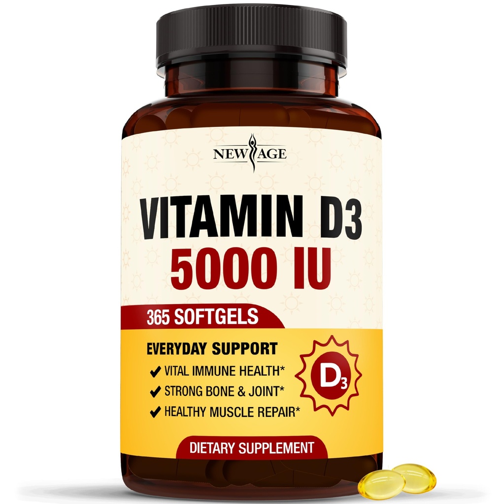 YENİ AGE Vitamin D3 5000 IU 125mcg Softgels - Destek Immune Support, Güçlü Bone Health - Non-GMO, Gluten-Free, Dairy-Free,1 Year Supply (360 Softgels)