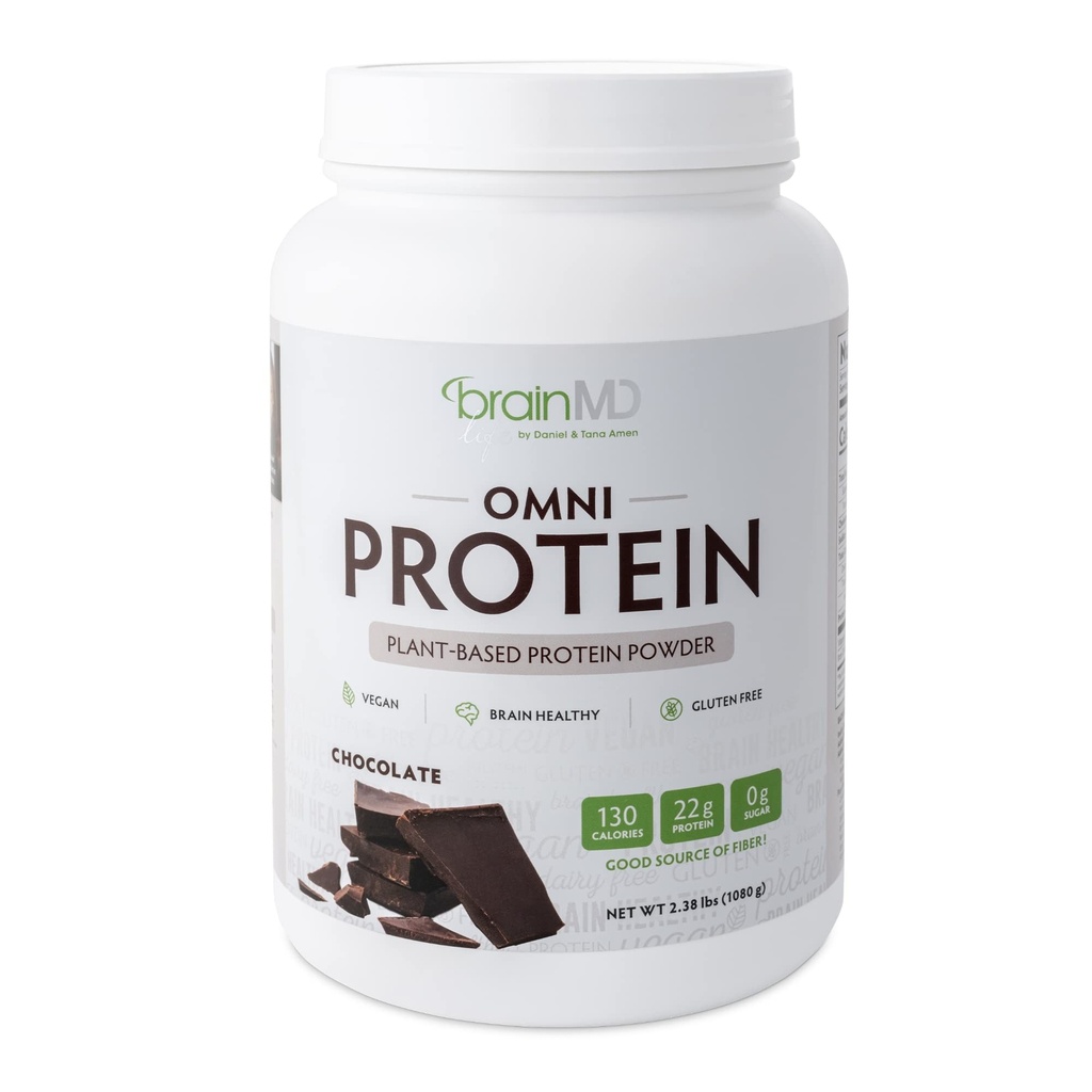 BRAINMD Dr Amen Omni Protein Çikolatası - 2.38 lbs - Plant-Based Protein Toz - Enerji ve Egzersiz Kurtarmayı Teşvik - Vegan, Vejetaryen, Sugar Free, Gluten Free - 30 Hizmet