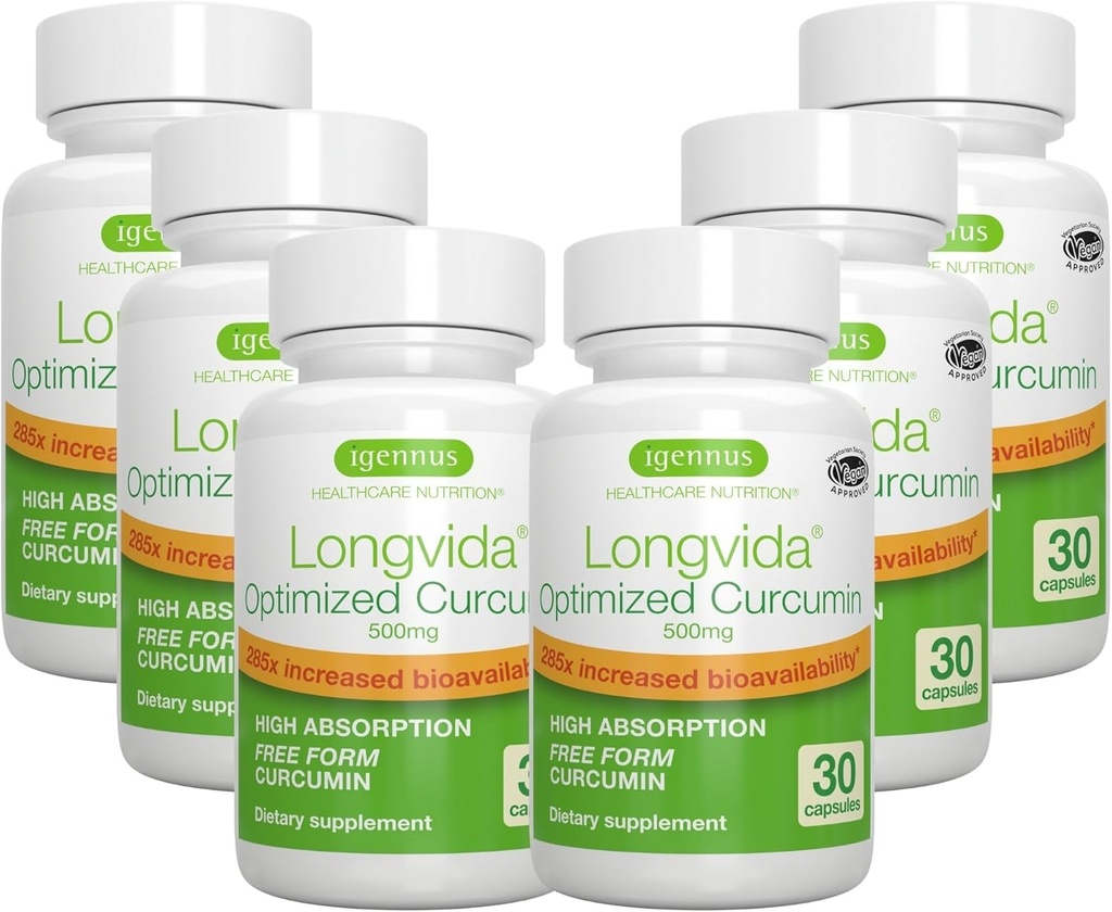 Igennus Longvida Lipidated Curcumin 500 mg, Ultra Bio available & Sustained Action, 65x Higher Plazma Seviyeleri, Yoğun Destek, Free-Form Curcumin, Vegan, 180 Capsules