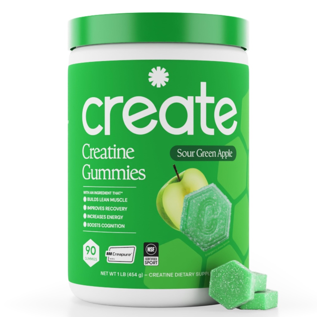 Erkekler ve Kadınlar için Kreatif Monohidrat Gummies - Boost Focus, Strength ve Endurance, Anti-Melting Formula, Vegan, Gluten-Free, Non-GMO, 1.5 Gramtine per Gummy (Sour Green Apple, 90 ct)
