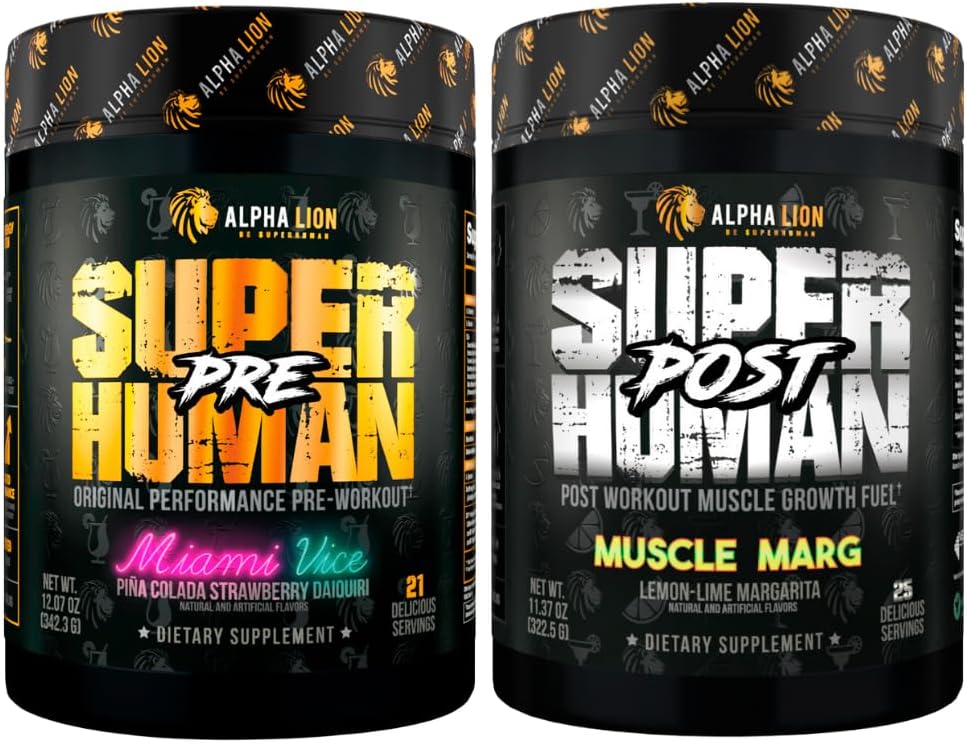 ALPHA LION Superhuman Pre Workout Toz & Post Workout Recovery Sche, Sustained Energy & Focus + Lean Muscle Growth, Strength & Volume (Miami Vice & Muscle Marg)