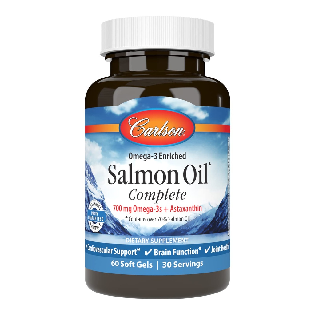 Carlson - Salmon Oil Tamam, 700 mg Omega-3s + Astaxanthin, Cardiovascular Destek, Beyin Fonksiyonu ve Ortak Sağlık, 60 Softgels