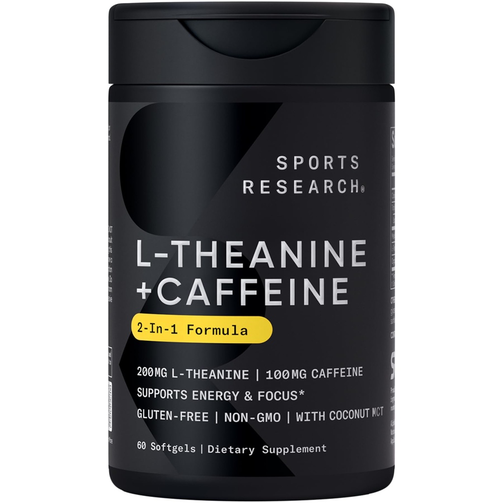 Spor Araştırmaları L-Theanine Supplement with Caffeine & Coconut MCT Oil - Focused Energy, Alertness & Relaxation Without Drowsiness - 200 mg L Theanine, 100 mg Organik Caffeine - 60 Sıvı Softgels