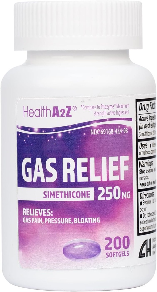 HealthA2Z® Gas Relief Simethicone 250 mg | Hızlı Gaz Yardım | Relieve Belirtileri Doğal (200 Softgels)