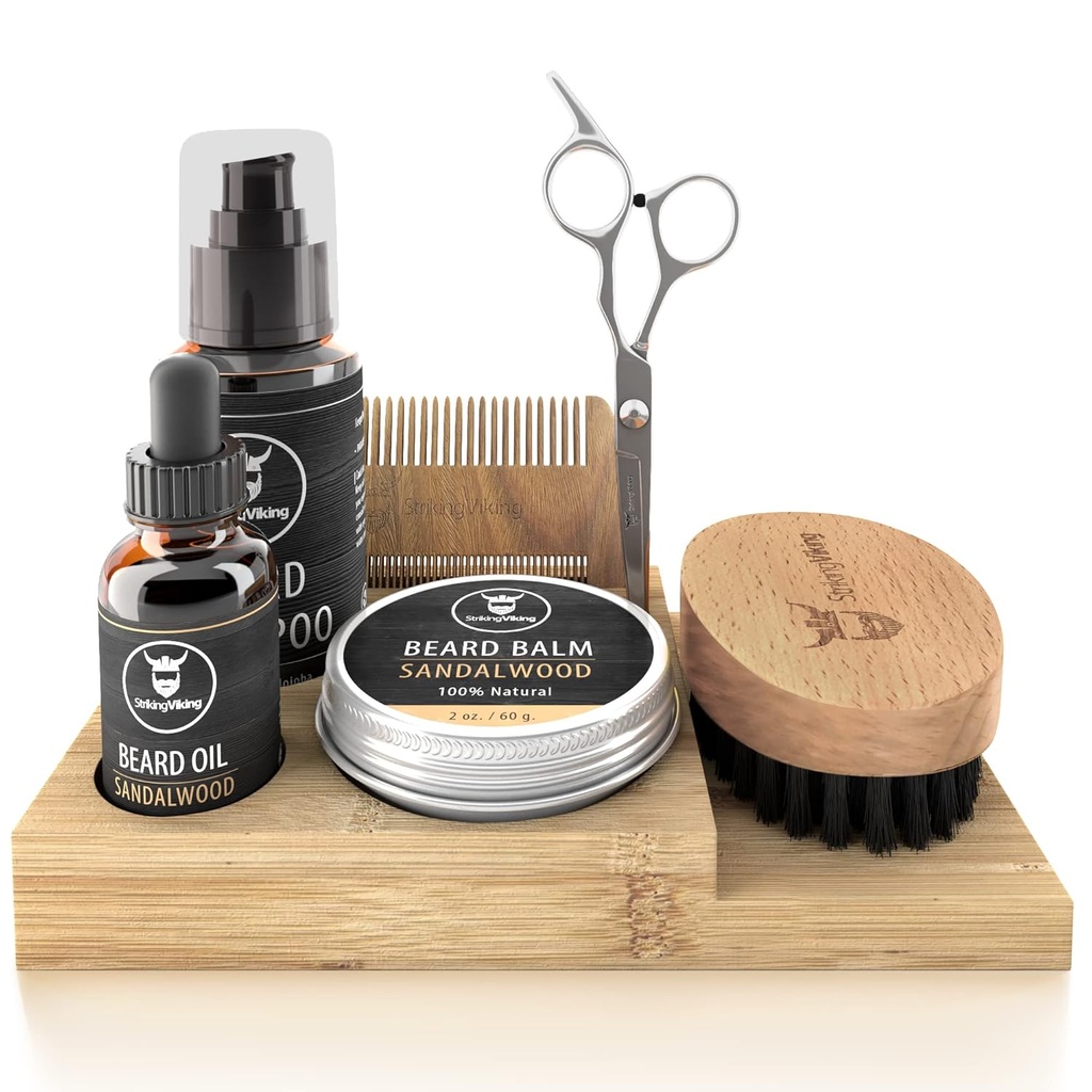 Viking Ayılı Büyüme Kiti - 7Piece Set, Sandalwood Scent & Caddy - Petrol & Balm with Beard Brush, Dual-Sided Comb & Sciss plusors Comb for Grooming & Styling