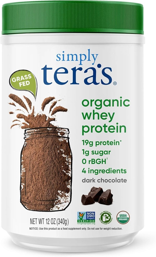 Sadece tera'nın Organik Whey Protein Tozu - Grass Fed Whey Protein Toz Yapay Tatlıcılar olmadan, Temiz, Non-GMO, Gluten-Free - Dark Chocolate, 12 Oz.