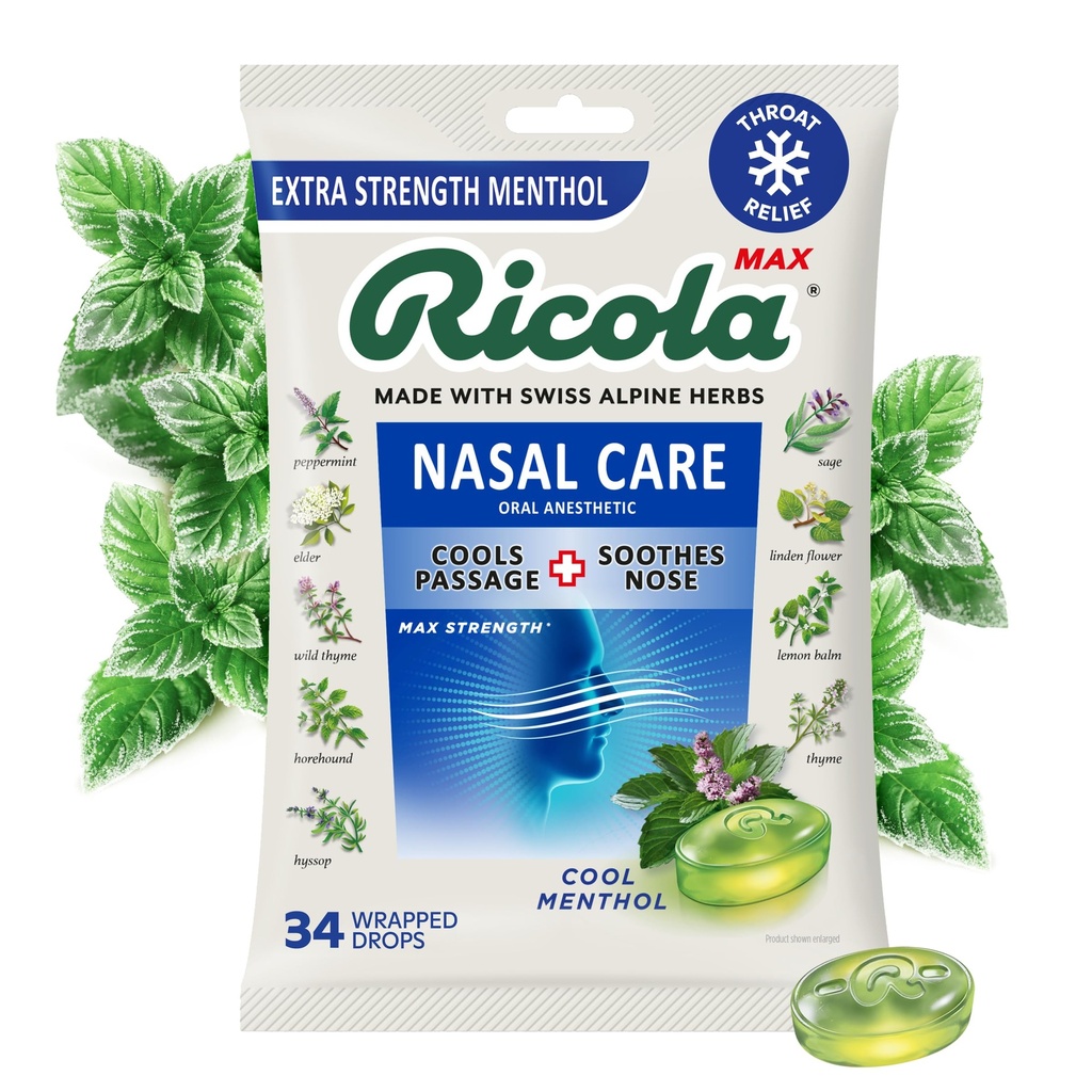 Ricola Max Cool Menthol Nasal Care Large Bag | Cough Suppressant Drops | Dual Action Liquid Center | Soothing Long-Lasting Relief - Count 34 (Pack of 1)