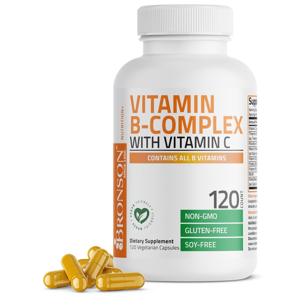 Bronson Vitamin B Kompleks Vitamin C - Immune Health, Energy Support & Nervous System Support - Non-GMO, 120 Vegetarian Capsules