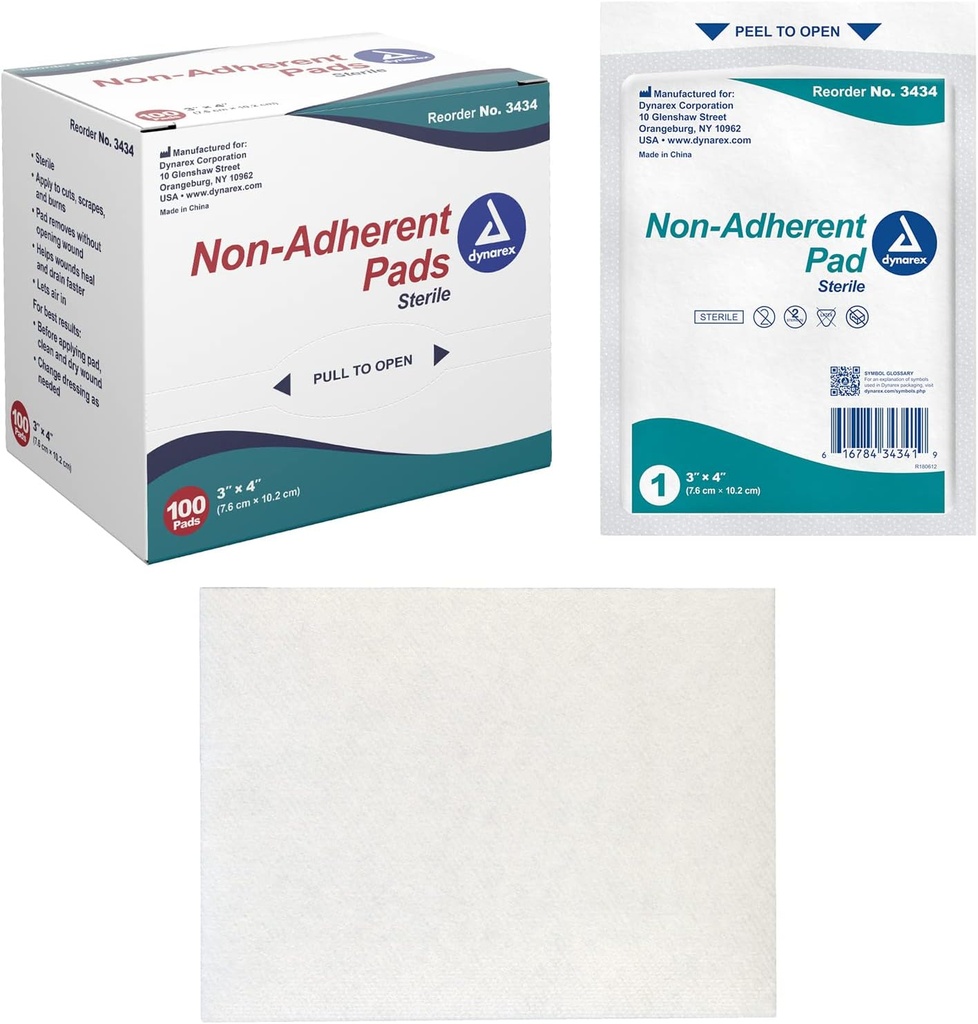 Dynarex Non-Adherent Pads-Sterile, Bireysel Paketli, Non-Stick Yara ve Burn Care, Soft & Highly Absorbent, 3" x 4", 1 Box of 100 Non-Adherent Pads-Sterile