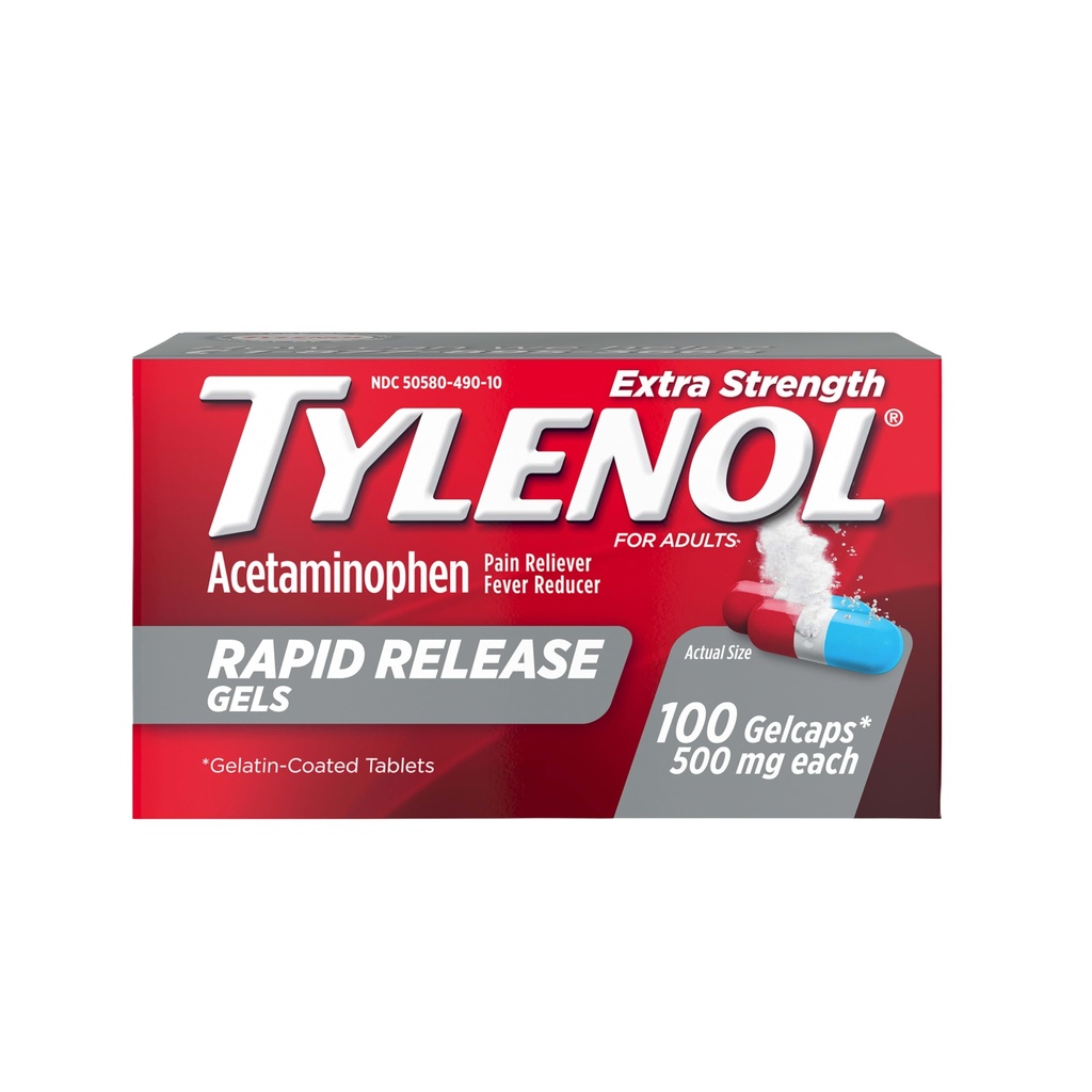 Tylenol Ekstra Güçlü Acetaminophen Hızlı Yayın Gels, Ağrı Reliever & Ateş Tanımları, Lazer-Drilled Holes for Fast release, Stomach, 500 mg Per Gelcap, 100 Kont OTC Medicine