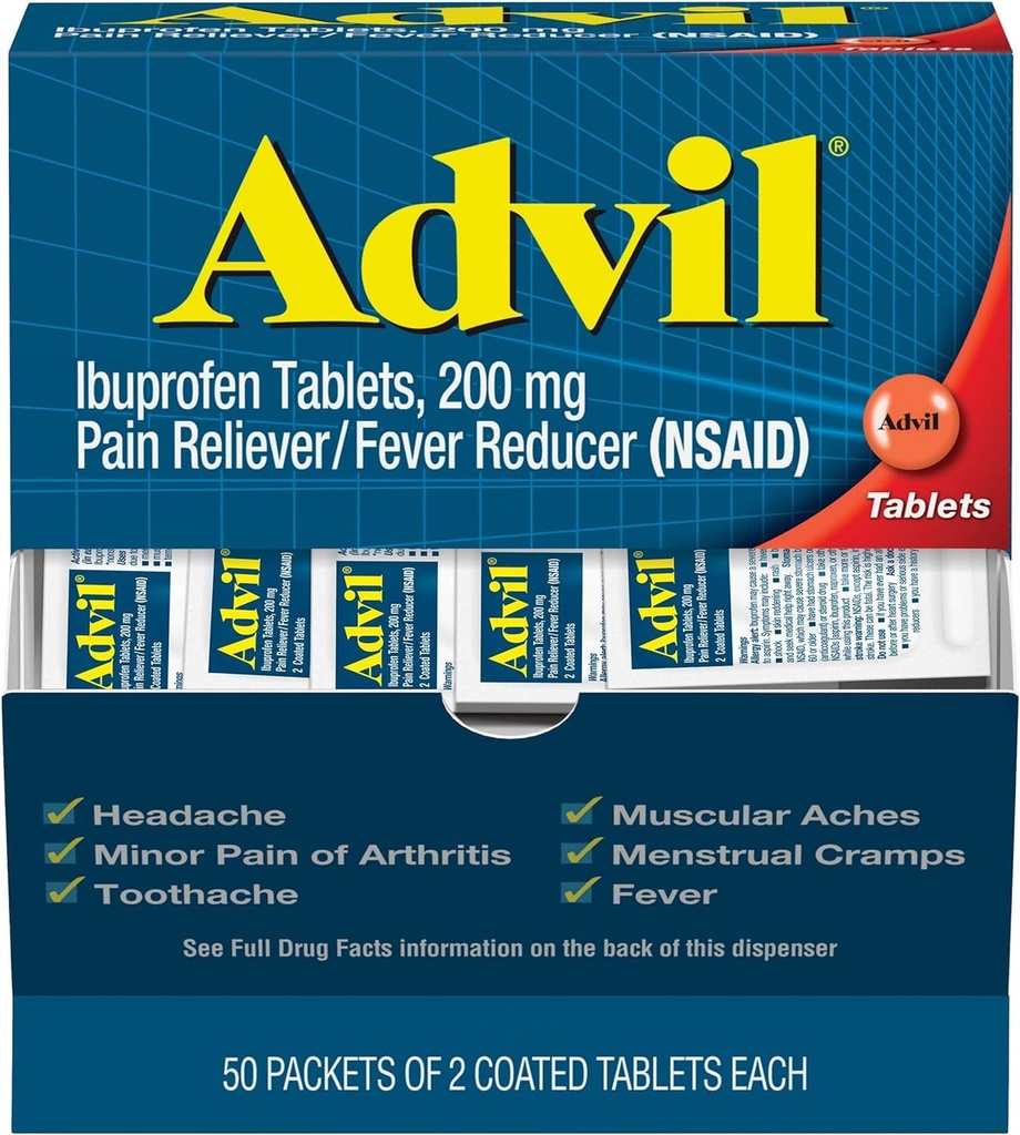 Advil Ibuprofen Tabletleri, 200 mg Ağrı Reliever/Fever Delivery (NSAID), 100 Tablet (Her biri 2 Tabletten 5 Paket)
