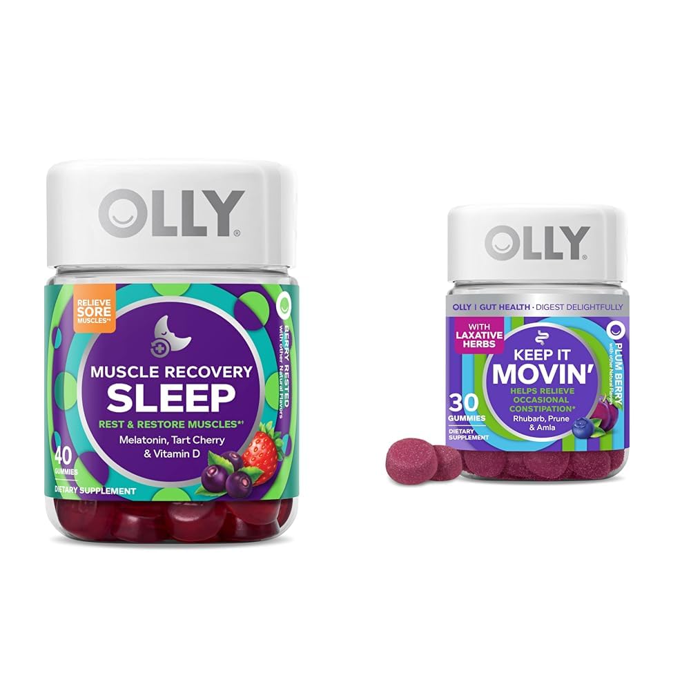 OLLY Muscle Recovery Sleep Gummies with Melatonin, Tart Cherry & Vitamin D, Constipation Relief Gummies with Rhubarb, Prunes & Amla - 40 & 30 Count