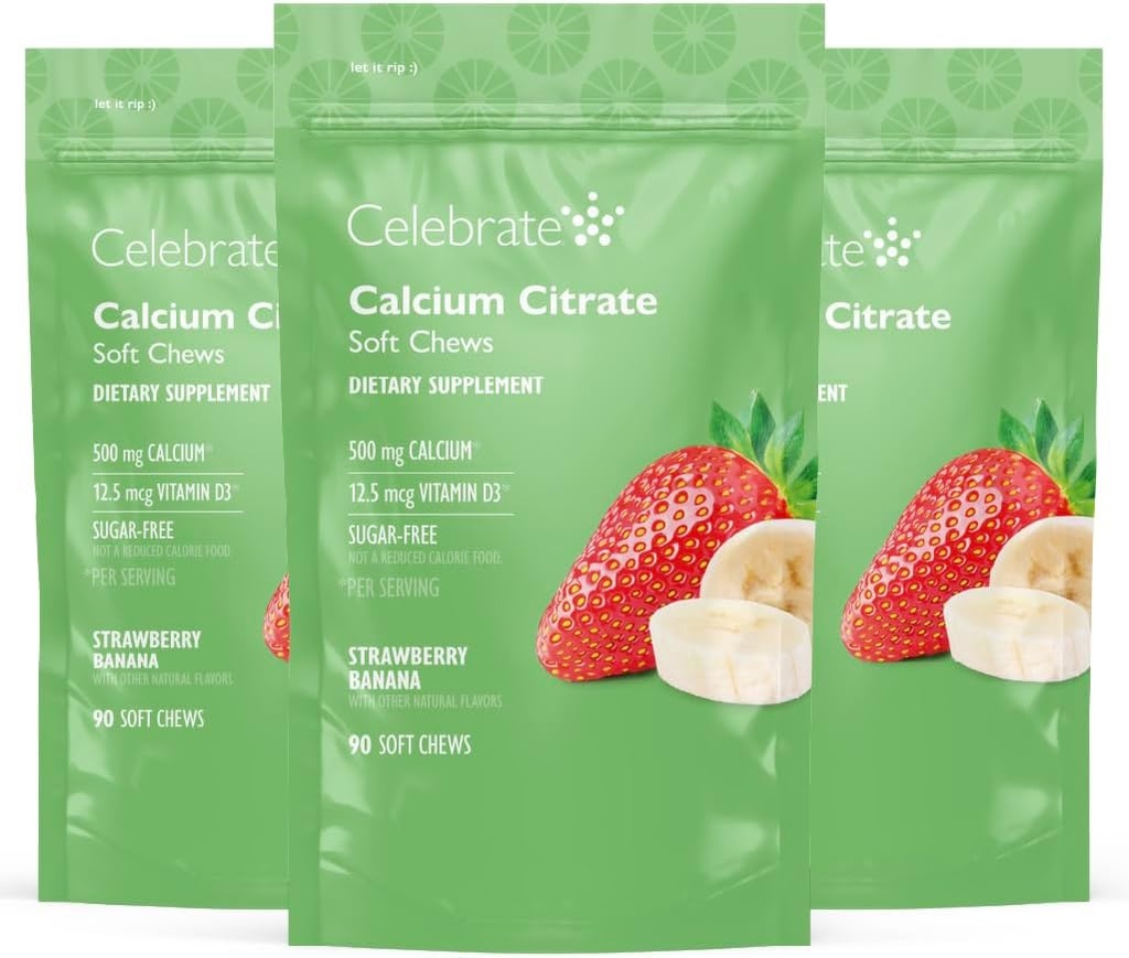 Vitamin Bariatrik 500 mguba Citrate Soft Chews with 500 IU Vitamin D3 – Gastrik Bypass Hastaları ve Bone Health - Sugar & Gluten Free, Strawberry Banana (270 Chews)
