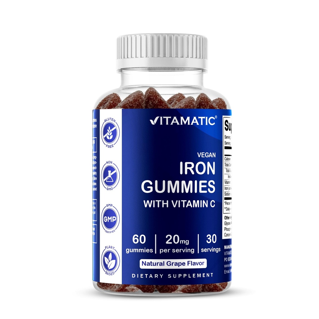 Vitamatic Iron Gummies Supplement for Women & Men - 20 mg - 60 Vegan Gummies - Büyük Taşting Demir Gummy Vitamin C (60 Kont) ile Vitamin C (60 Kont (kırda 1))