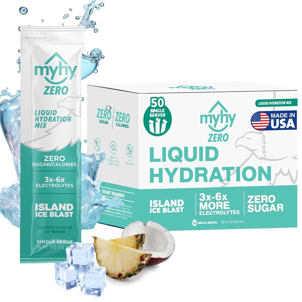 MyHy ZERO Liquid Hydration Packets, Sugar Free Electrolyte Drink Mix for Hydration Support, Dehidrasyon Yardımı, Seyahat, Hamilelik, Fitness, Lisans ve Lisans Partisi - Buz Adası, 50 Kont