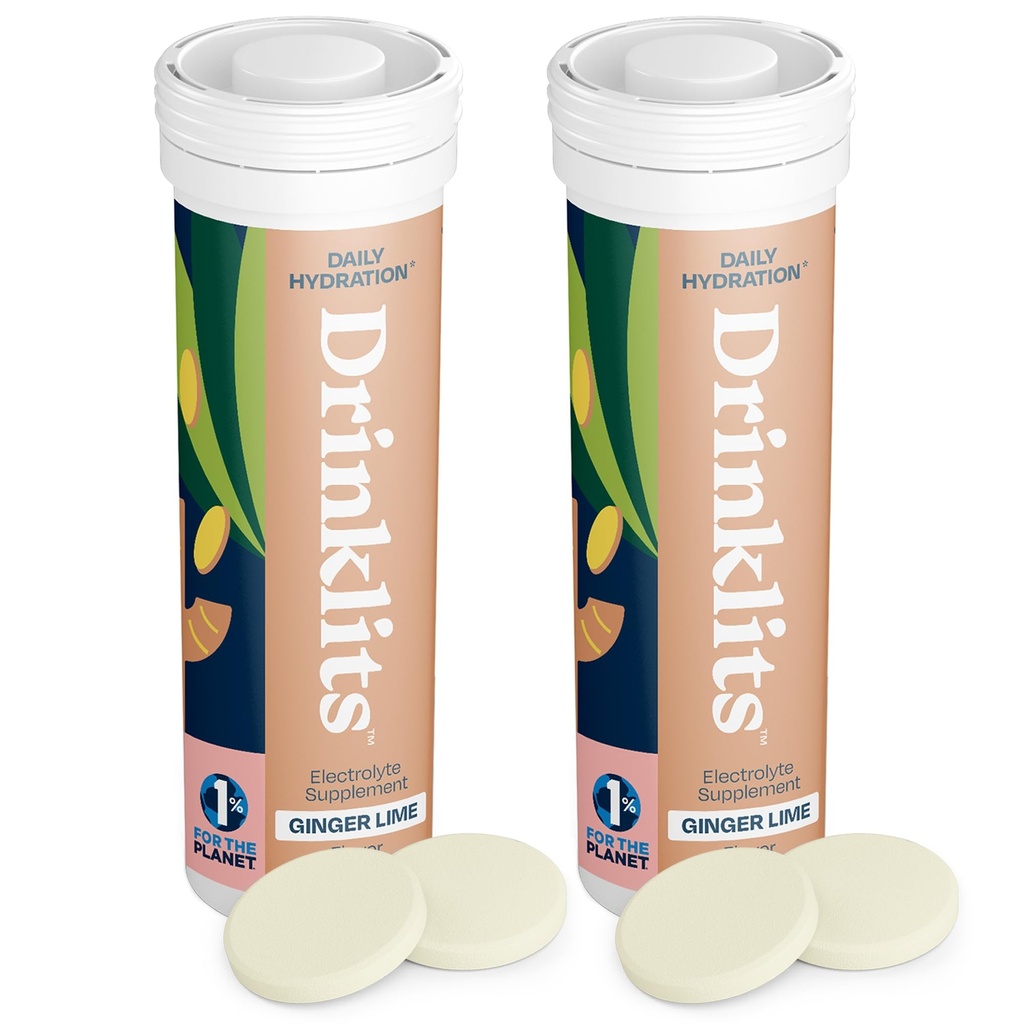 Drinklits Ginger-Lime Daily Hydration Tabletleri (2) Tube Sche | Organik Ginger – 0g Sugar – Essential Electrolytes | 20 Servisler - 10 Tabletler Tube