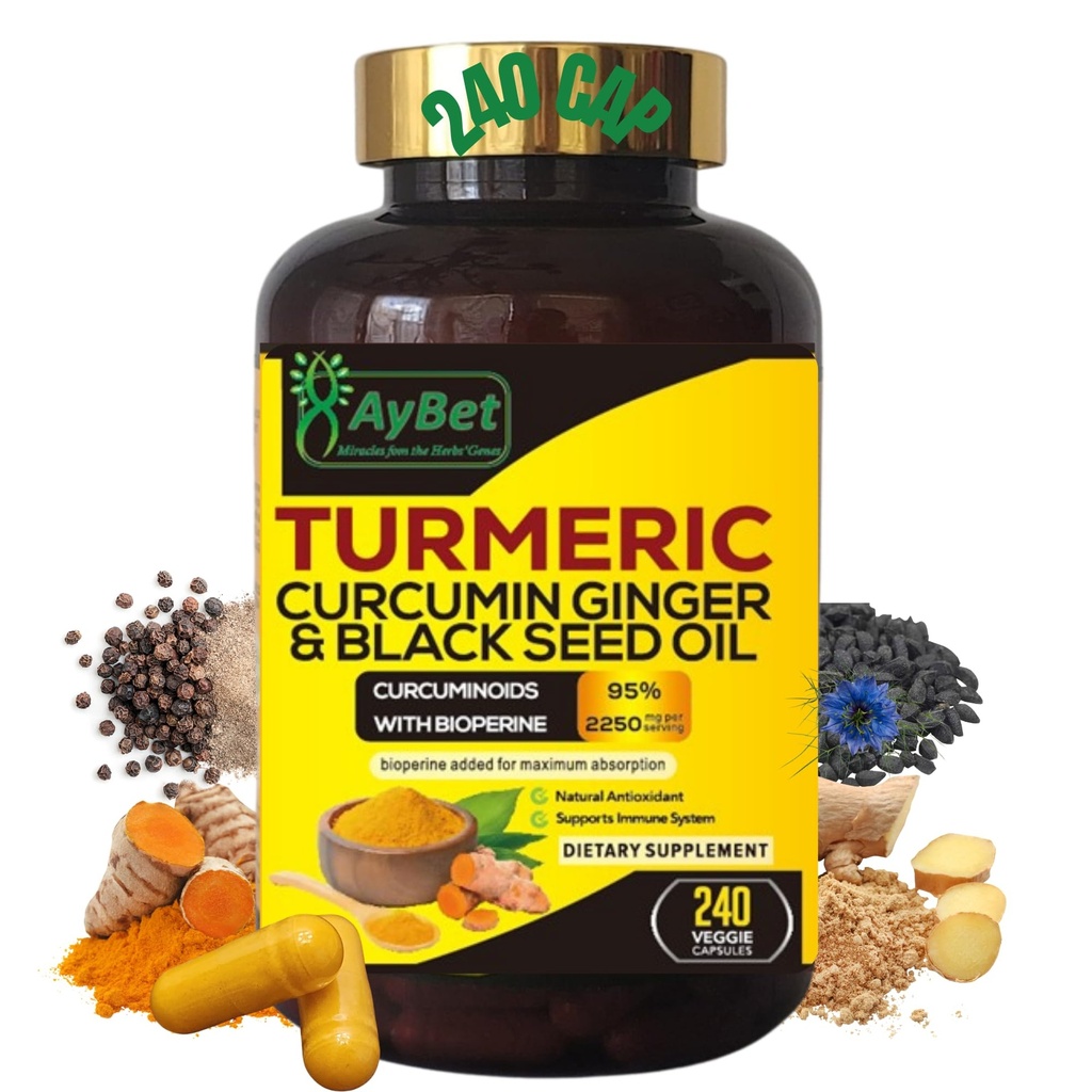 World 1st.Turmeric Curcumin Ginger & Black Seed Oil, 240 Caps, 2250 mg, 95 Curcuminoids, BioPerin Eklenme, Ekstra Güçlü, Organik, Halal, Vegan, Destek Immune System, Antioksi, Ortak Destek