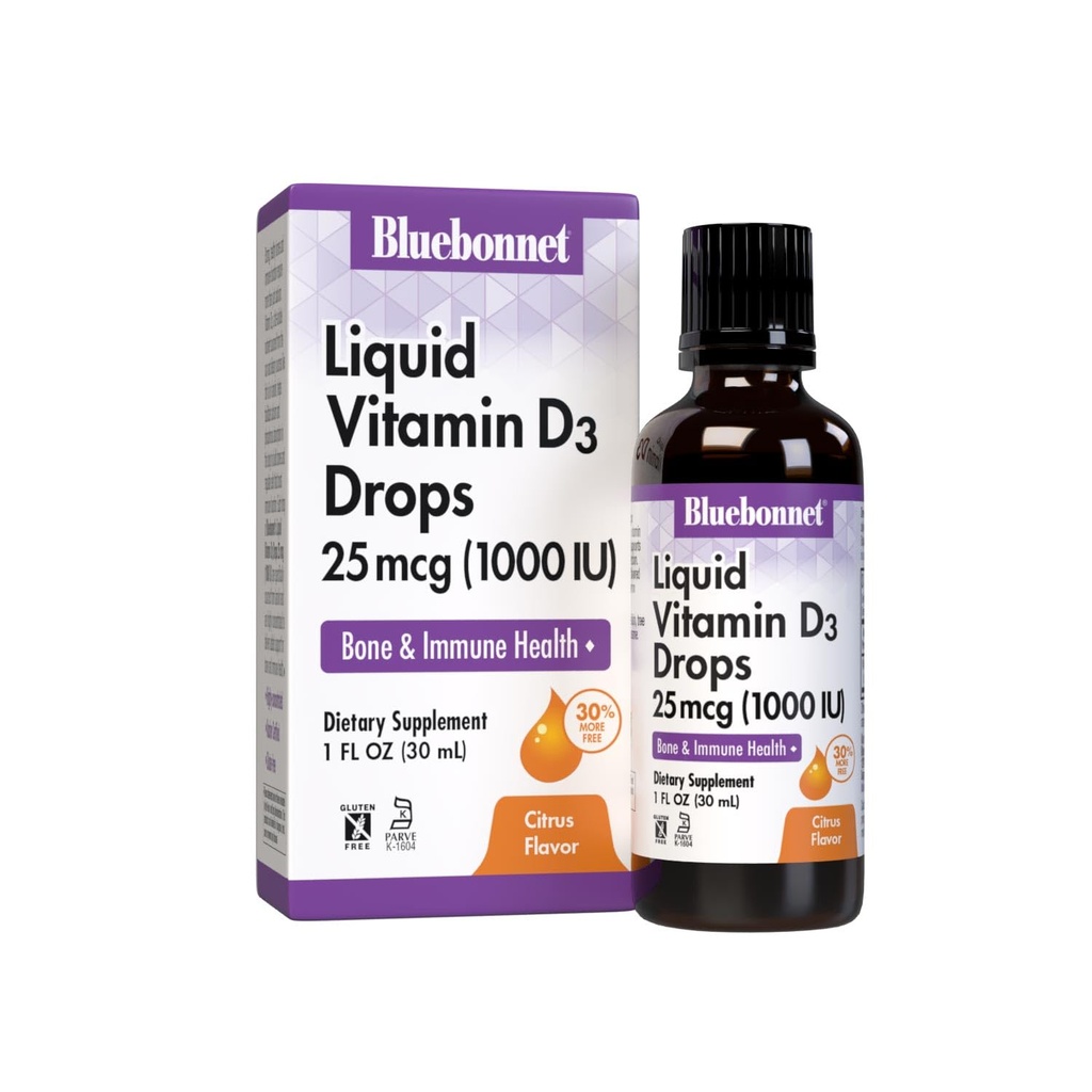 BlueBonnet Vitamin D3 1000 IU 2506 Güçlü Bones & Immune Support Supplement - Kadınlar ve Erkekler için Sıvı Vitaminler - Lanolin VIT D Drops with MCT Oil - Non-GMO, Vegetarian - Citrus Flavor - 1 Fl Oz
