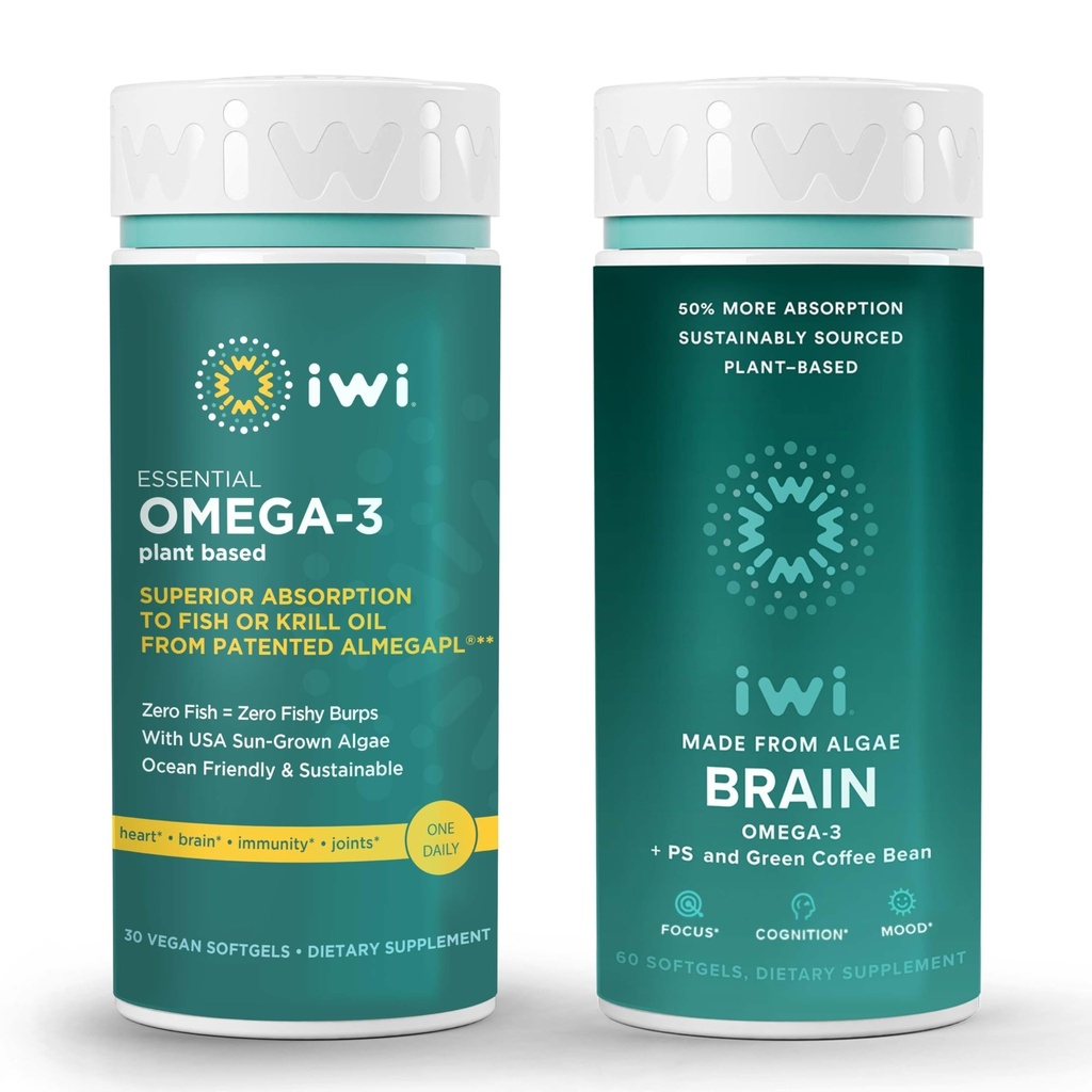 Iwi Omega-3 Essential & Brain Omega-3 Sche, 30 Hizmet, Vegan Plant-Based Algae Omega 3 with EPA + DHA, Krill & Fish Oil Alternative, No Fishy Aftertaste