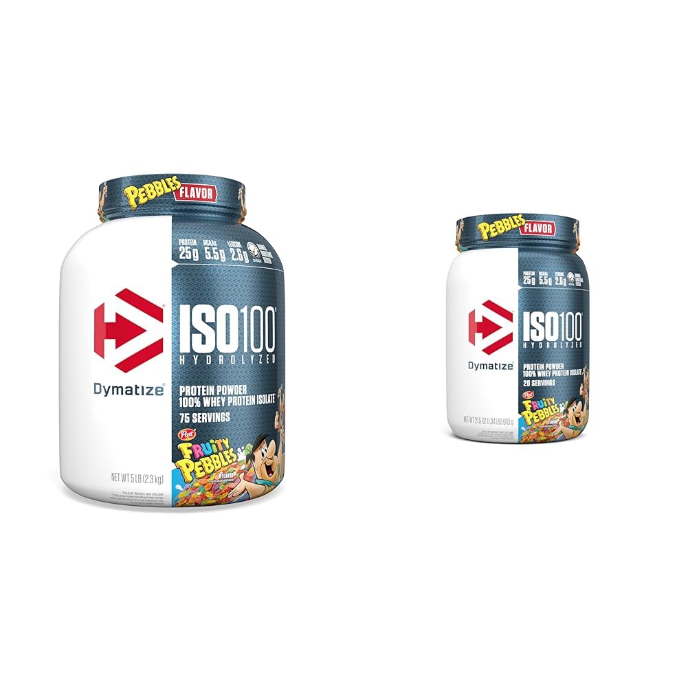 Dymatize ISO100 Hydrolyzed Fruity Pebbles Protein Powder Bundle, 25g Protein, 5.5g BCAAs, 5 Pound + 20 Servings