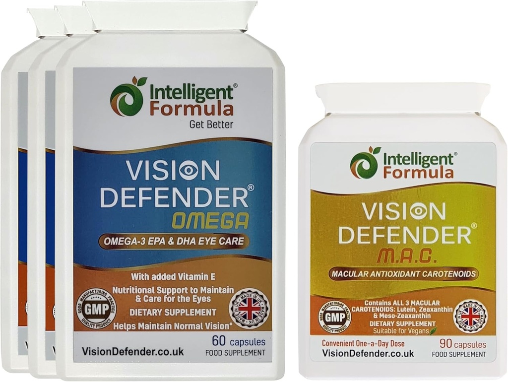 Vision Defender MAC & Omega Everyday General Eye-Health Bundle (90 Days Supply). Eye Vitamins Supplement Includes Carotenoids Lutein, Zeaxanthin, Omega-3 (DHA, EPA). Made in UK by Eye Specialists