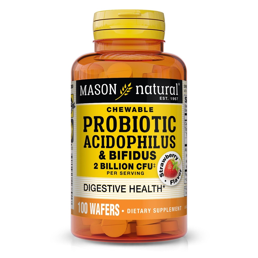 MASON NATURAL Probiyotik Acidofilius with Bifidus, 50 Day Supply, Supports Health Normal Digestion, Strawberry Flavor, 100 Chewable Wafers