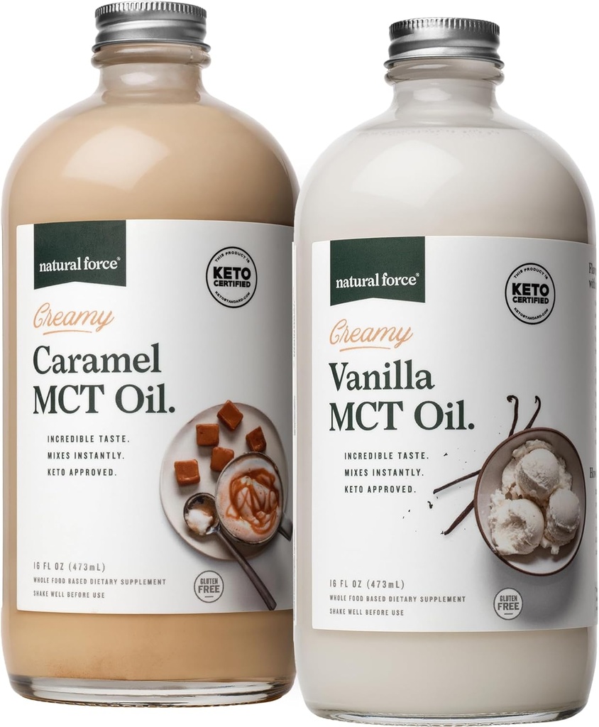 Doğal Kuvvet Kremi Vanilla + Kremy Caramel MCT Oil Sche – Gluten-Free, Non GMO, Organik Piramitlerden Emvored MCTs - Keto, Paleo ve Vegan - 2x 16 Ounce Glass Şişeleri