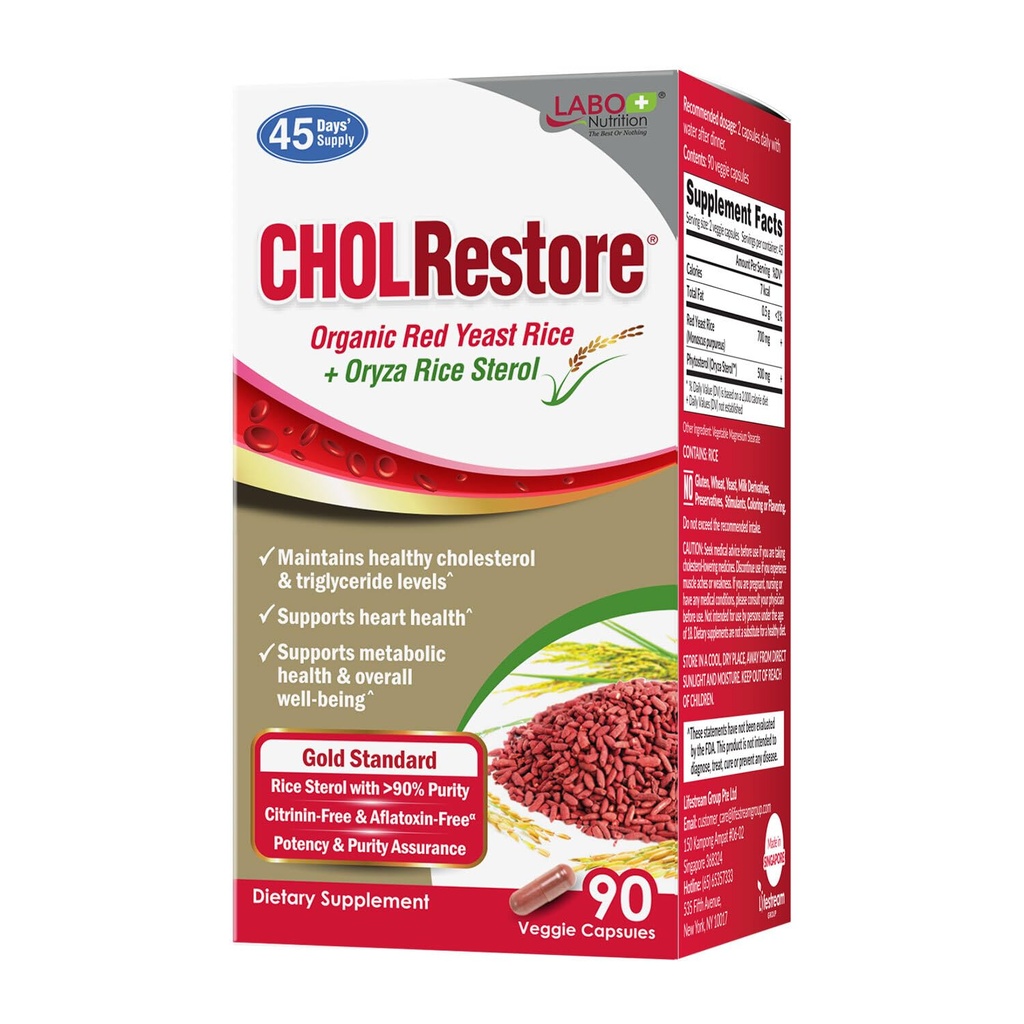 LABO Beslenme CHOLRestore – Red Yeast Rice Phytosterol Health Supplement, Supports Health Cholesterol Levels, Citrinin, Aflatoksi & Soy Free, 90 Vegetarian Capsules
