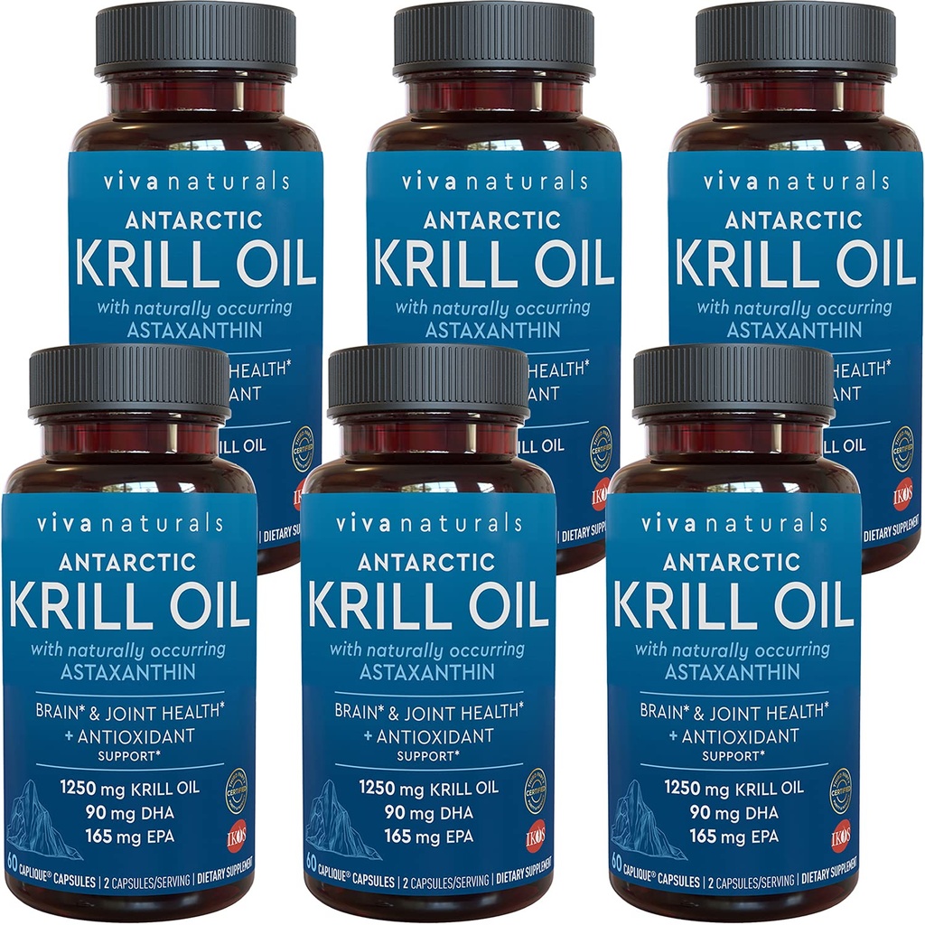 Viva Naturals Antarktika Krill Oil 1250 mg, Omega 3 EPA DHA ve Astaxanthin, Ortak Destek ve Beyin Tamamı Antioksidatif Özelliklerle, No Fishy Aftertaste (Pack of 6)