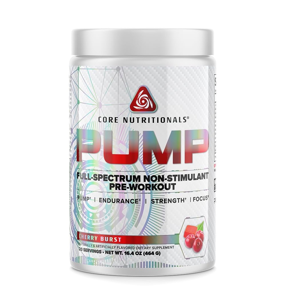 Core Nutritionals Pump Full-Spectrum Non-Stimulant Pre-Workout, with N03T Nitrate, Peak02, Alpha GPC, for Maximum Pump, Strength, and Performance 20 Servings (Cherry Burst)