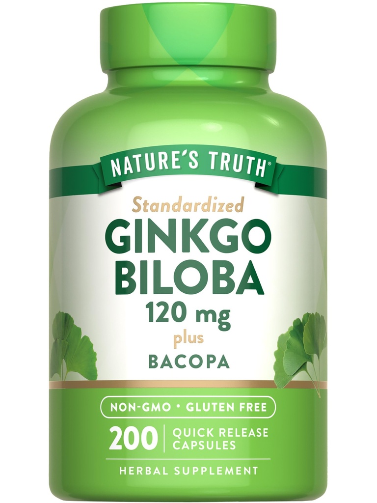 Nature's Truth Ginkgo Biloba 120mg | Plus Bacopa | 200 Hızlı Yayın Kapsülleri | Standartlaştırılmış Tür | Non-GMO ve Gluten Free Supplement Supplement