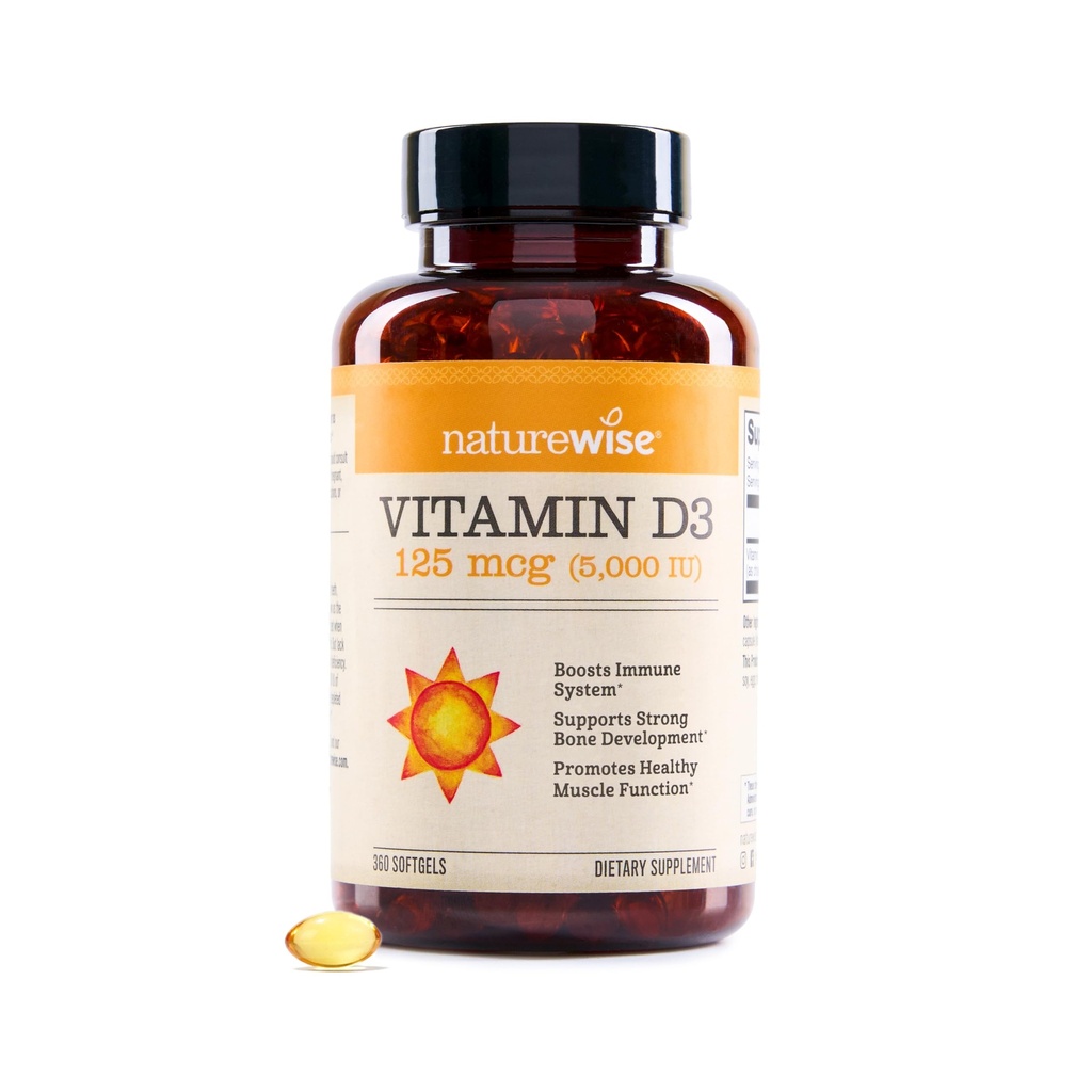 NatureWise Vitamin D3 5000iu (125 mcg) 1 Yıl Immune Support, Sağlıklı Kas Fonksiyonu ve Bone Health - Non-GMO, Gluten Free in Organic Extra Virgin Olive Oil, (Mini Softgel), 360 Count