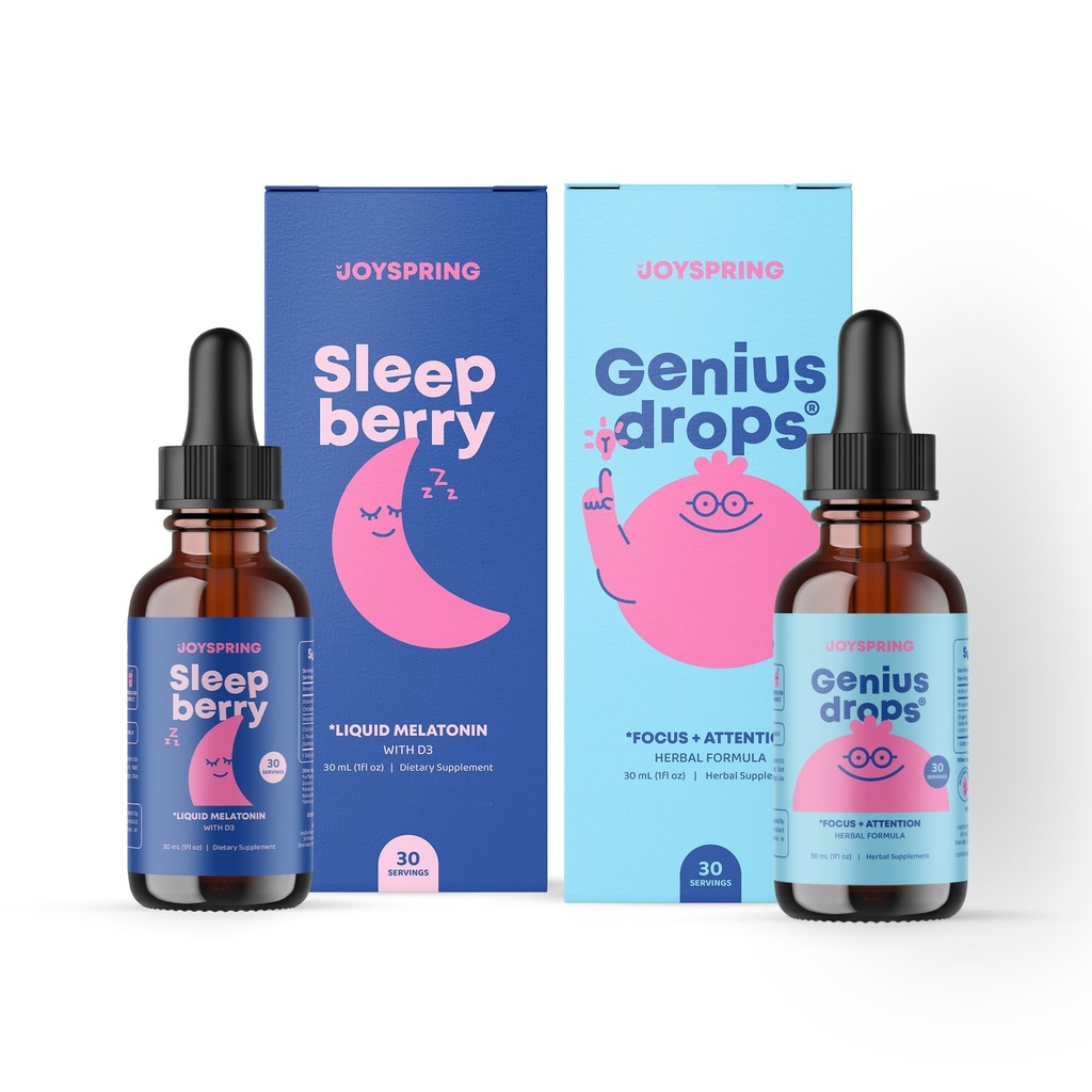 JoySpring Genius Drops Brain Supplement ve SleepBerry Melatonin for Kids Sleep Support