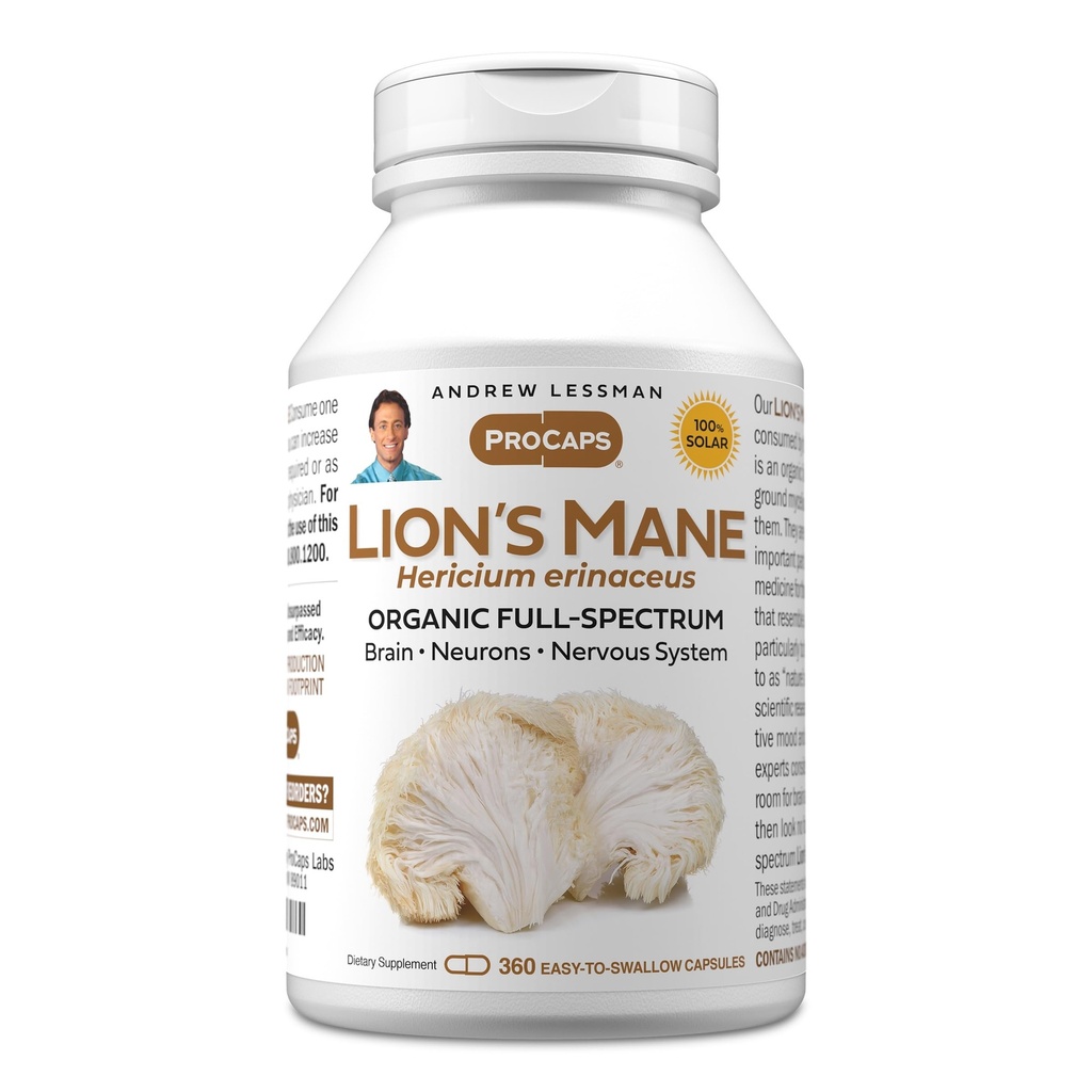 ANDREW LESSMAN Lion's Mane 360 Capsules - Organik Full Spectrum Lion's Mane Mushroom Ekstraksiyon - Sağlıklı Beyin, Bilişsel ve Nervous Sistem Fonksiyonlu - Hiçbir Katkı yok.