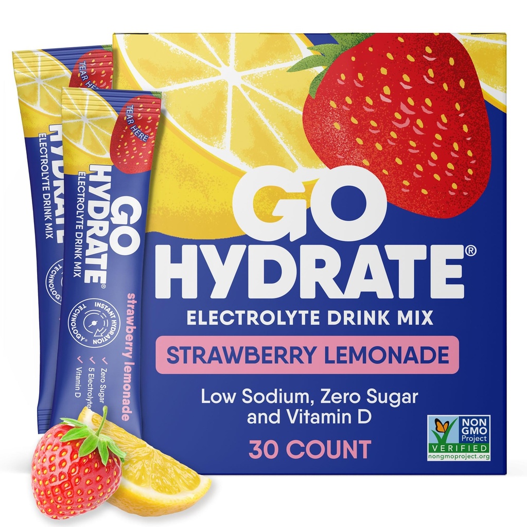 GoHydrate Low sodyum Electrolytes Toz Paketleri Sugar Free - Instant Hydration Daily Drink Mix - Zero Sugar Water Flavor Packet Singles with Vitamin D - (Strawberry Lemonade, 30 Packs)