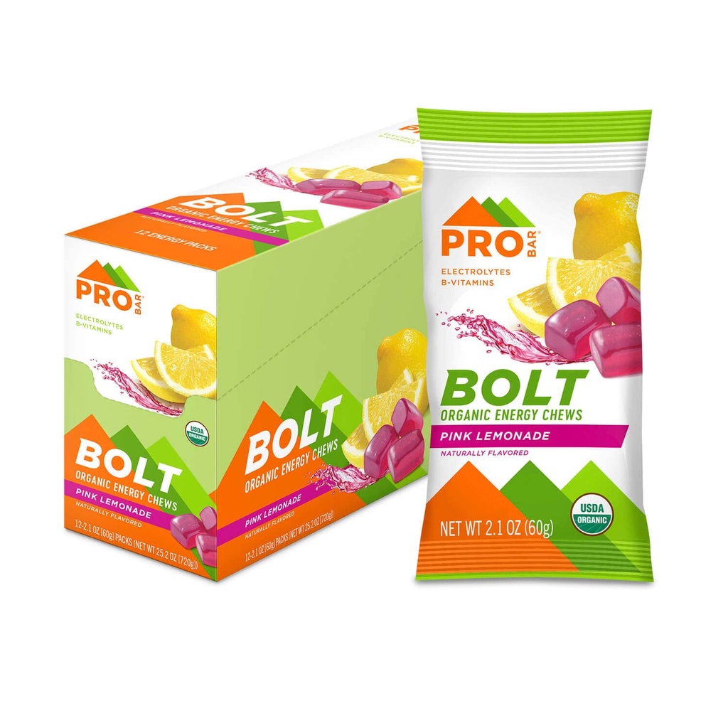 PROBAR Bolt Energy Chews for Running & Cycling – Organic Sports Nutrition Gummies with Electrolytes & B Vitamins, Fast Carb Endurance Fuel, Vegan Gluten Free Non-GMO, Pink Lemonade (12 Pack)
